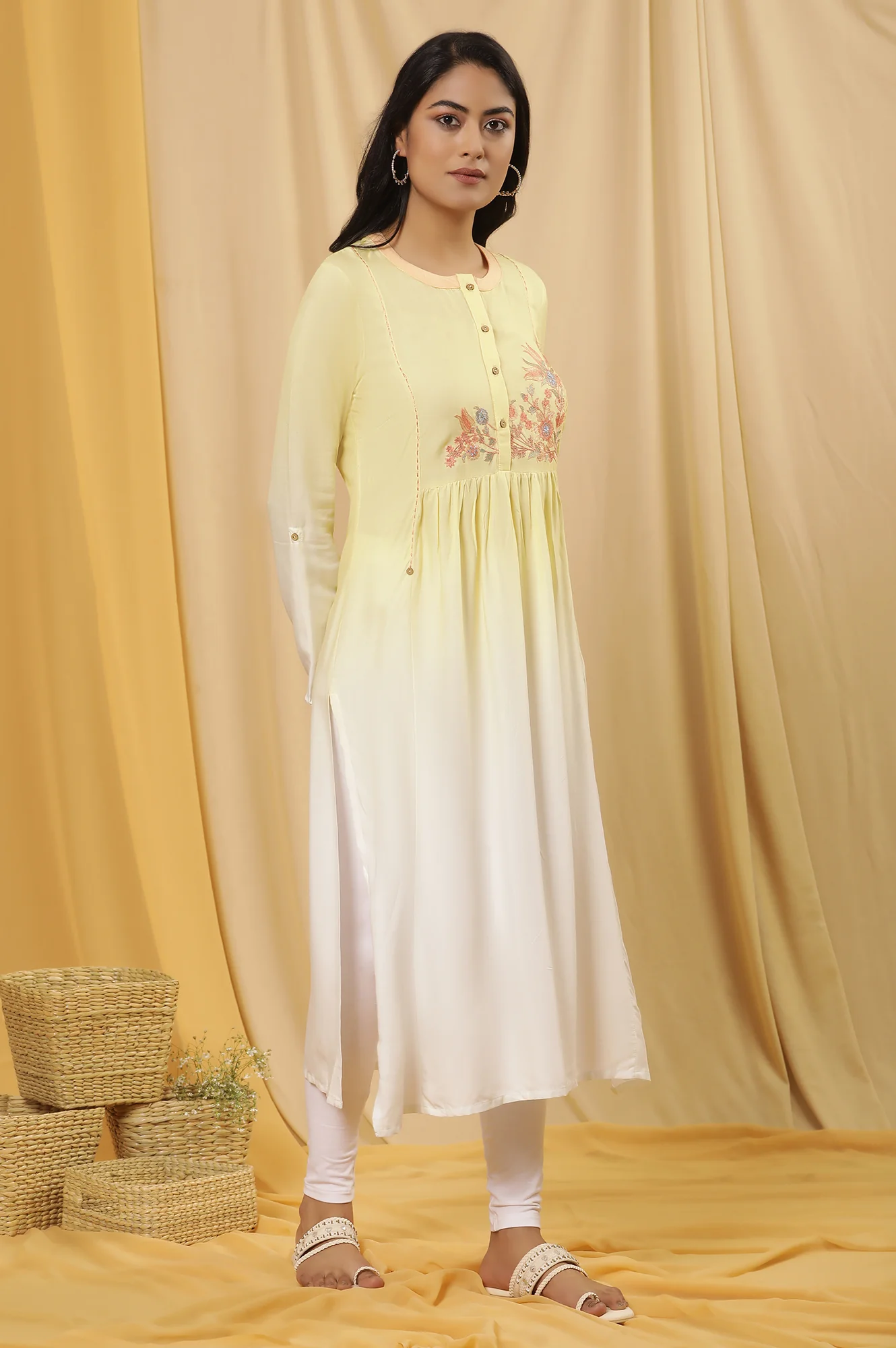 Yellow Ombre Embroidered Kurta And Tights Set - Image 5
