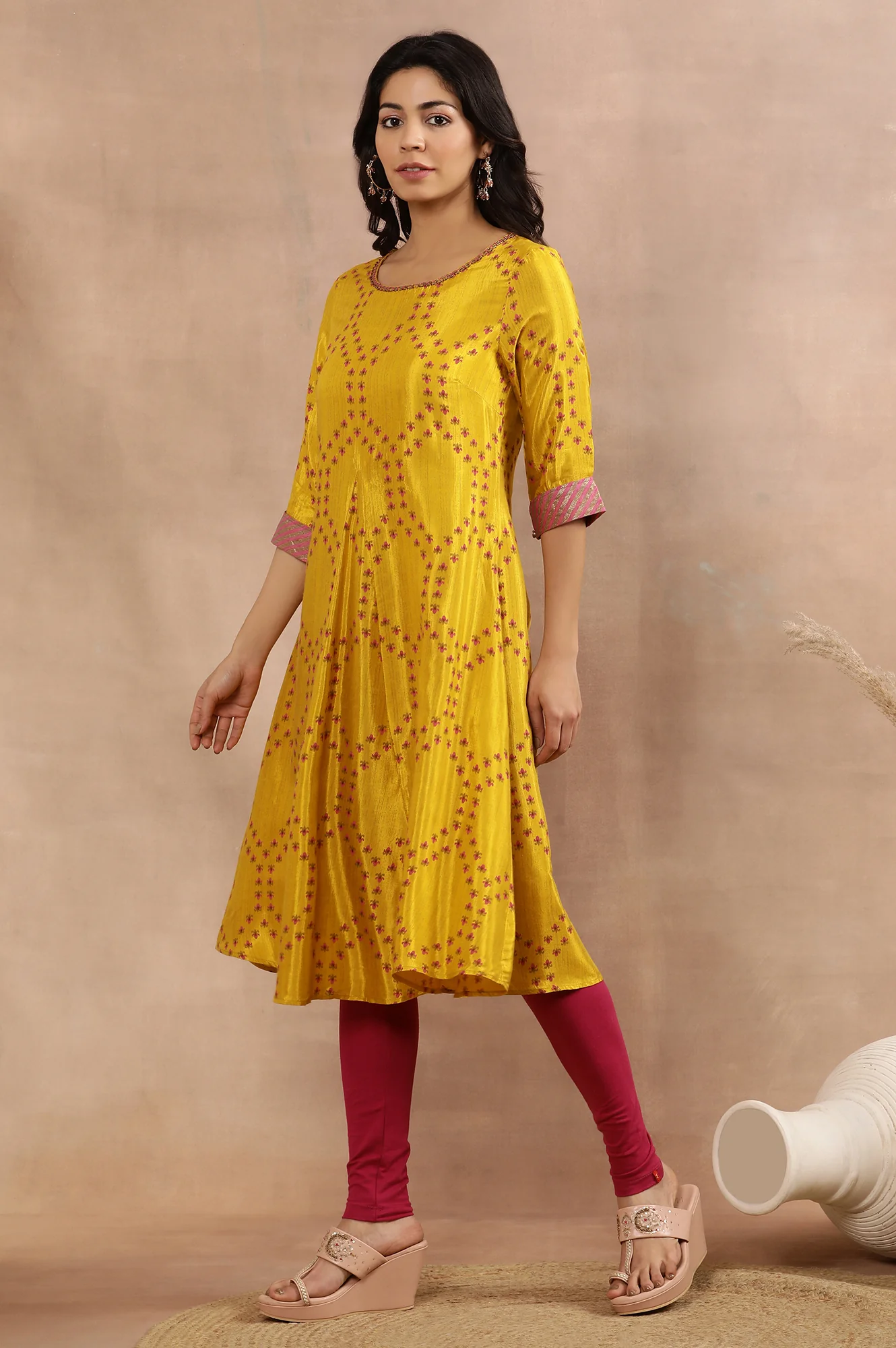 Yellow Printed Flared Kurta, Tights And Dupatta Set - Image 3