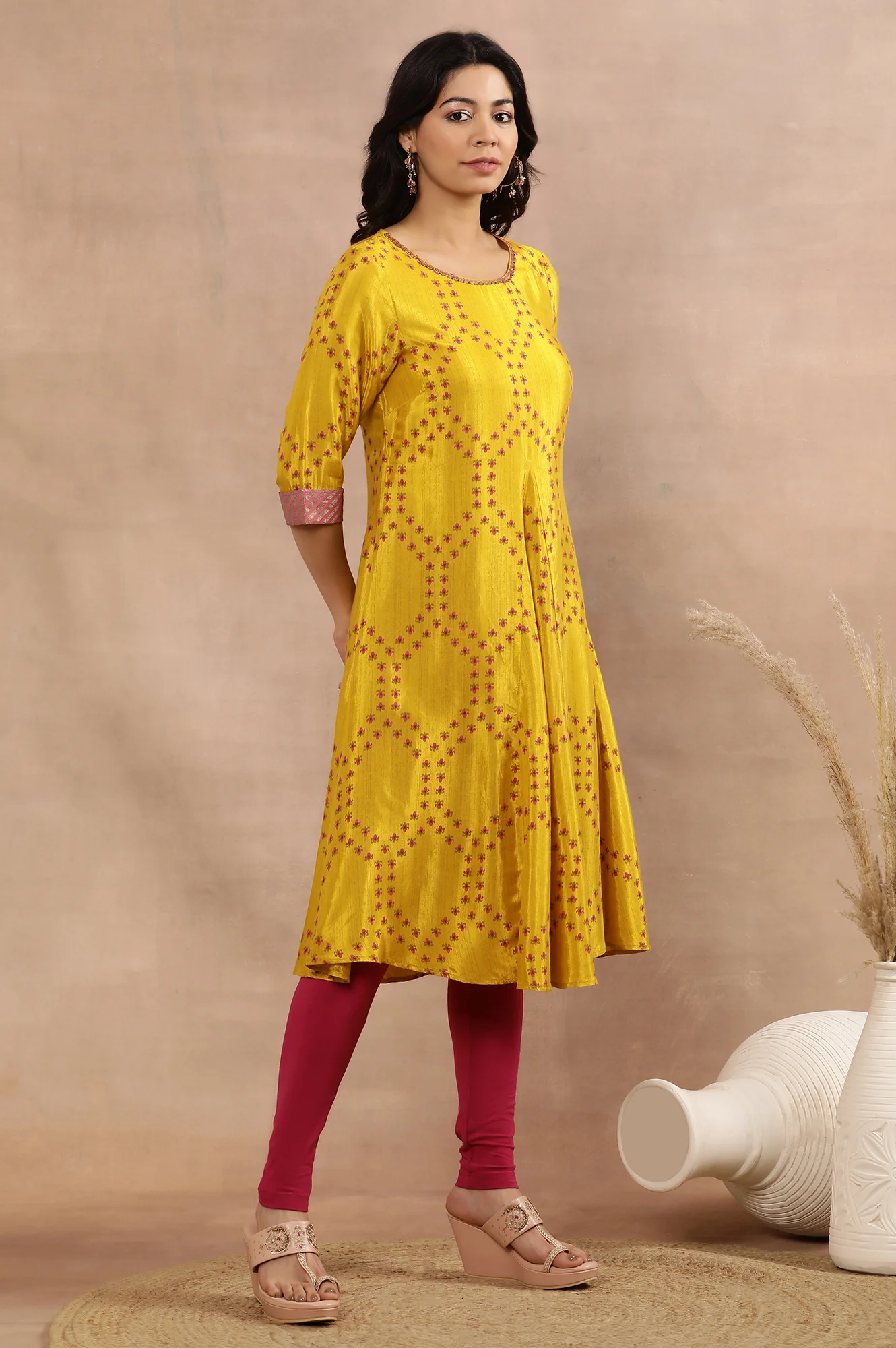 Yellow Printed Flared Kurta, Tights And Dupatta Set - Image 5