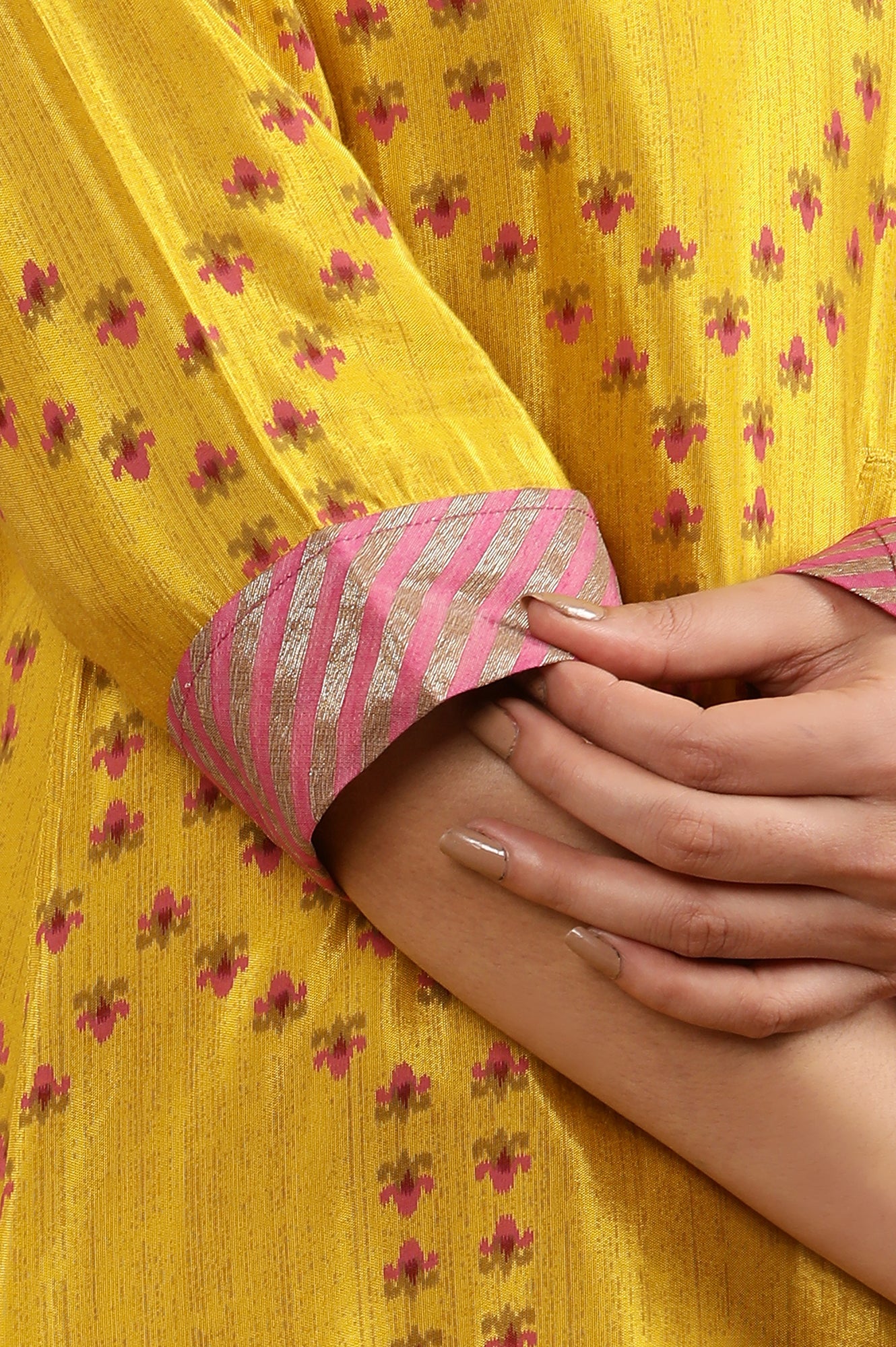 Yellow Printed Flared Kurta, Tights And Dupatta Set - Image 7