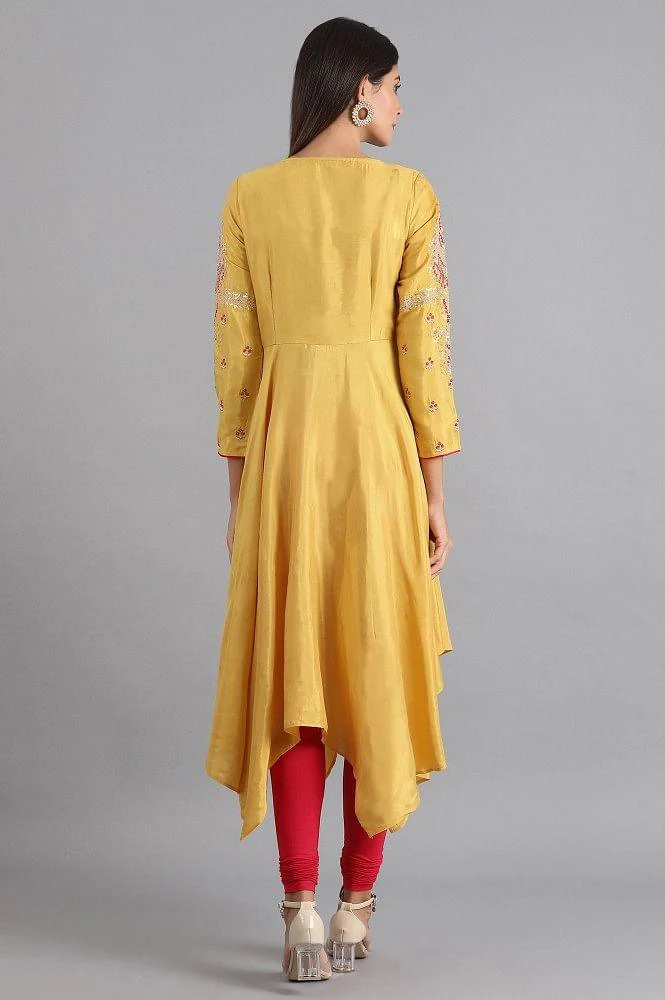 Yellow Round Neck Asymmetrical Hem kurta - Image 5