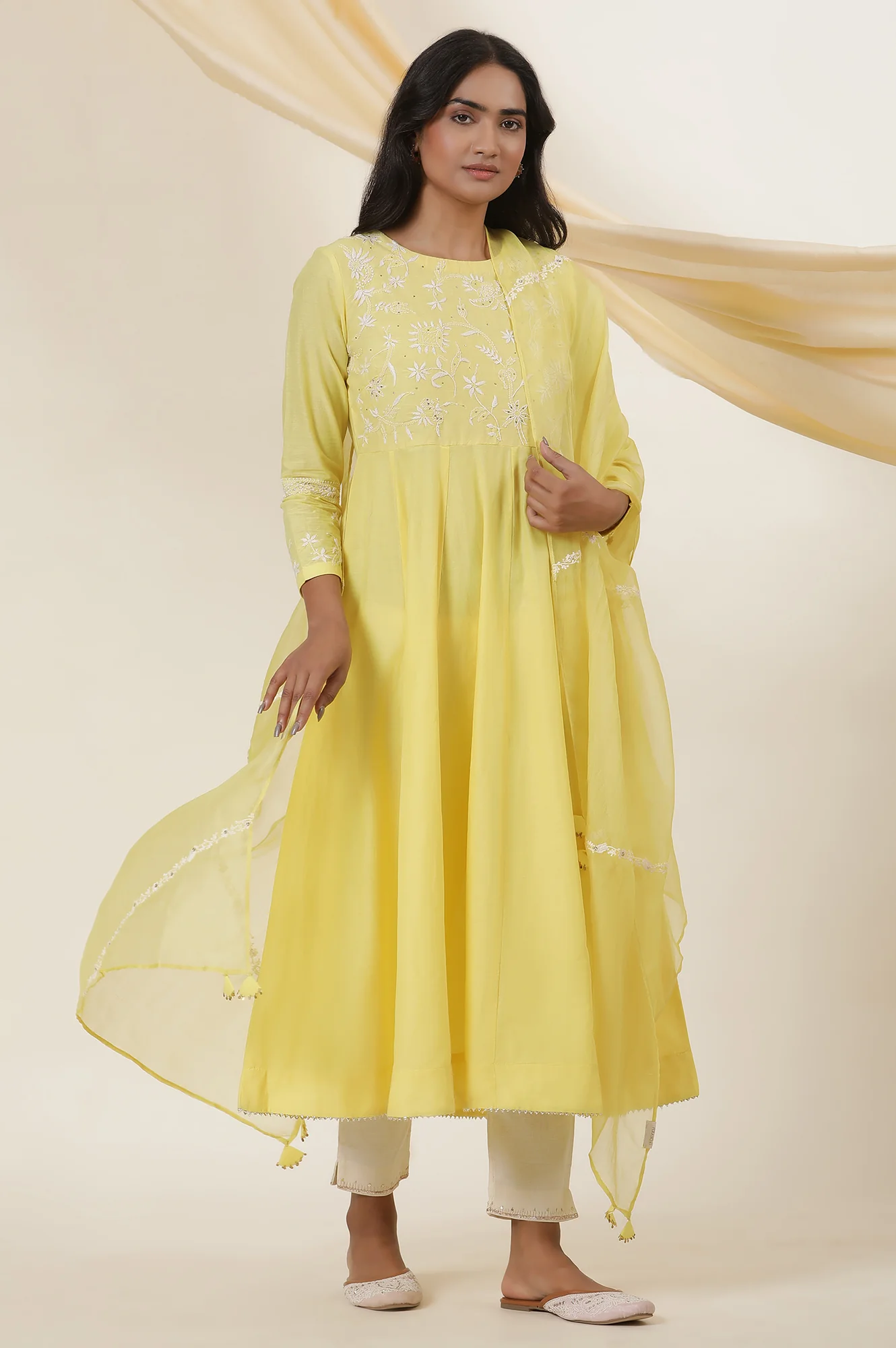 Yellow Solid Silk Organza Drape With Embroidery - Image 2
