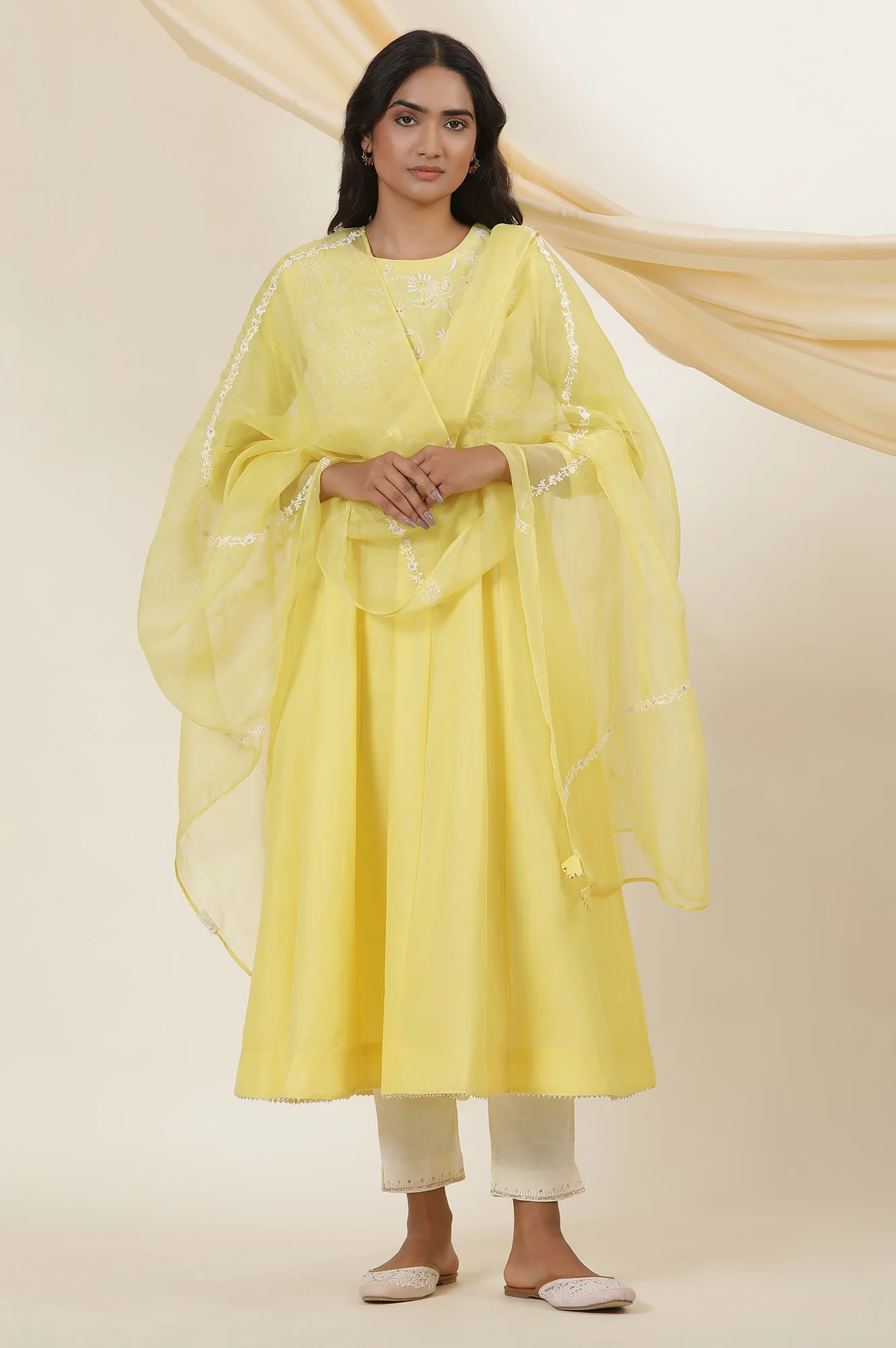 Yellow Solid Silk Organza Drape With Embroidery - Image 3