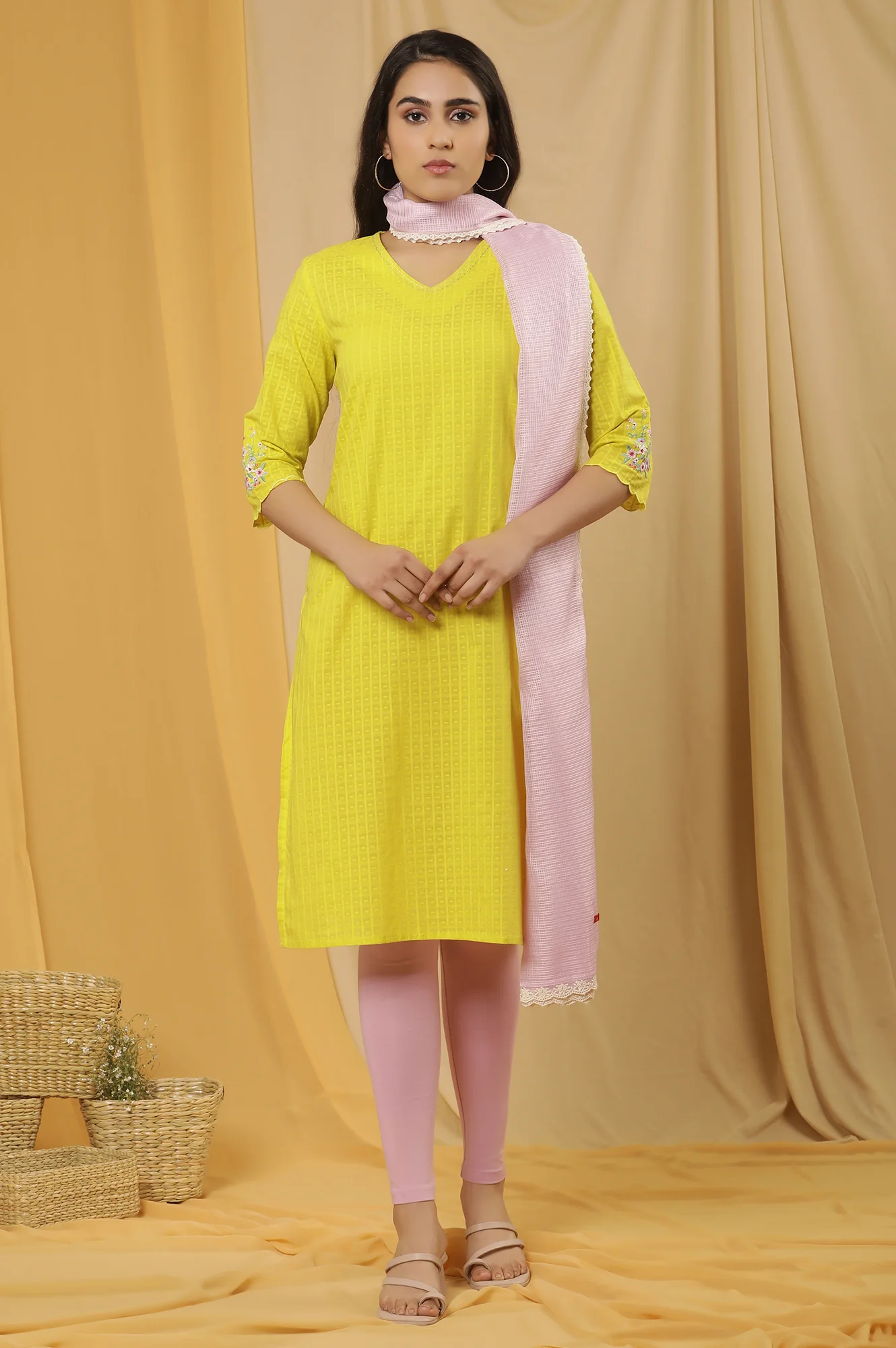 Yellow Textured Embroidered Kurta, Tights And Dupatta Set - Image 2
