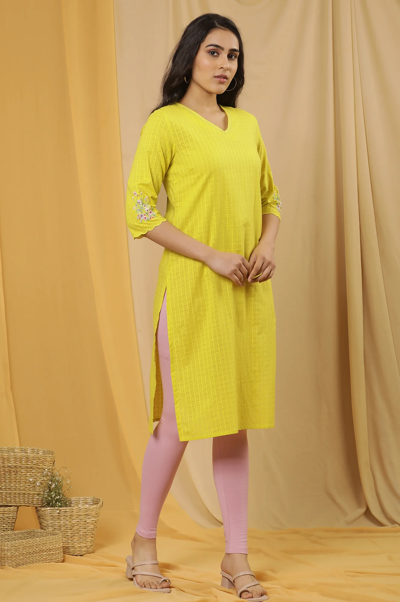 Yellow Textured Embroidered Kurta, Tights And Dupatta Set - Image 5