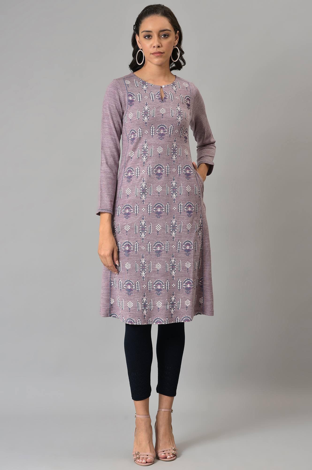 Purple A-Line Floral Printed Plus Size Winter Kurta