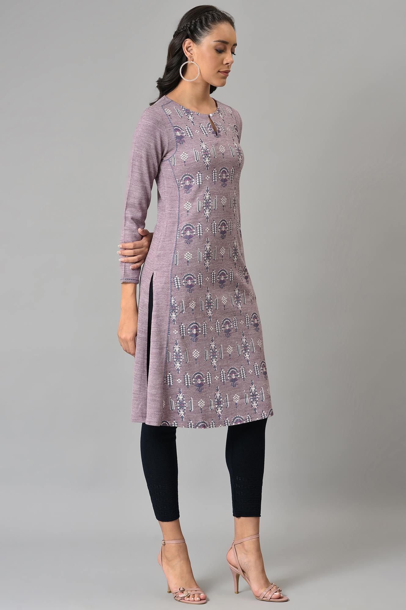 Purple A-Line Floral Printed Plus Size Winter Kurta - Image 4