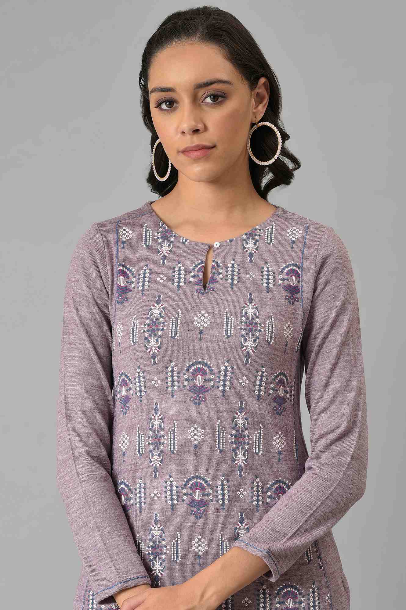 Purple A-Line Floral Printed Winter kurta - Image 6