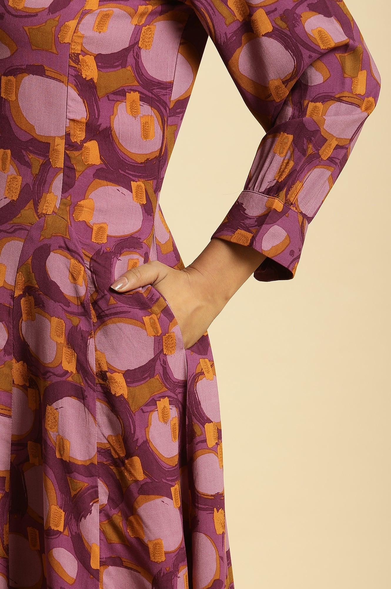 Purple Abstract Printed A-Line Western Dress - Image 7