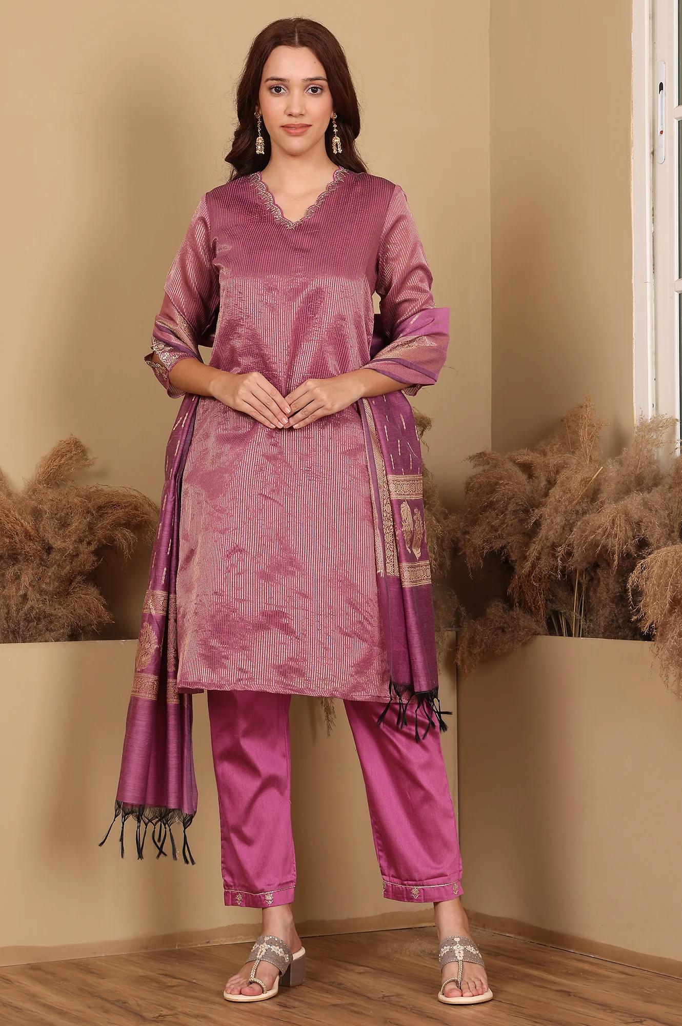 Purple Chanderi Lurex Stripe Embroidered Kurta, Pants Ad Dupatta Set - Image 2