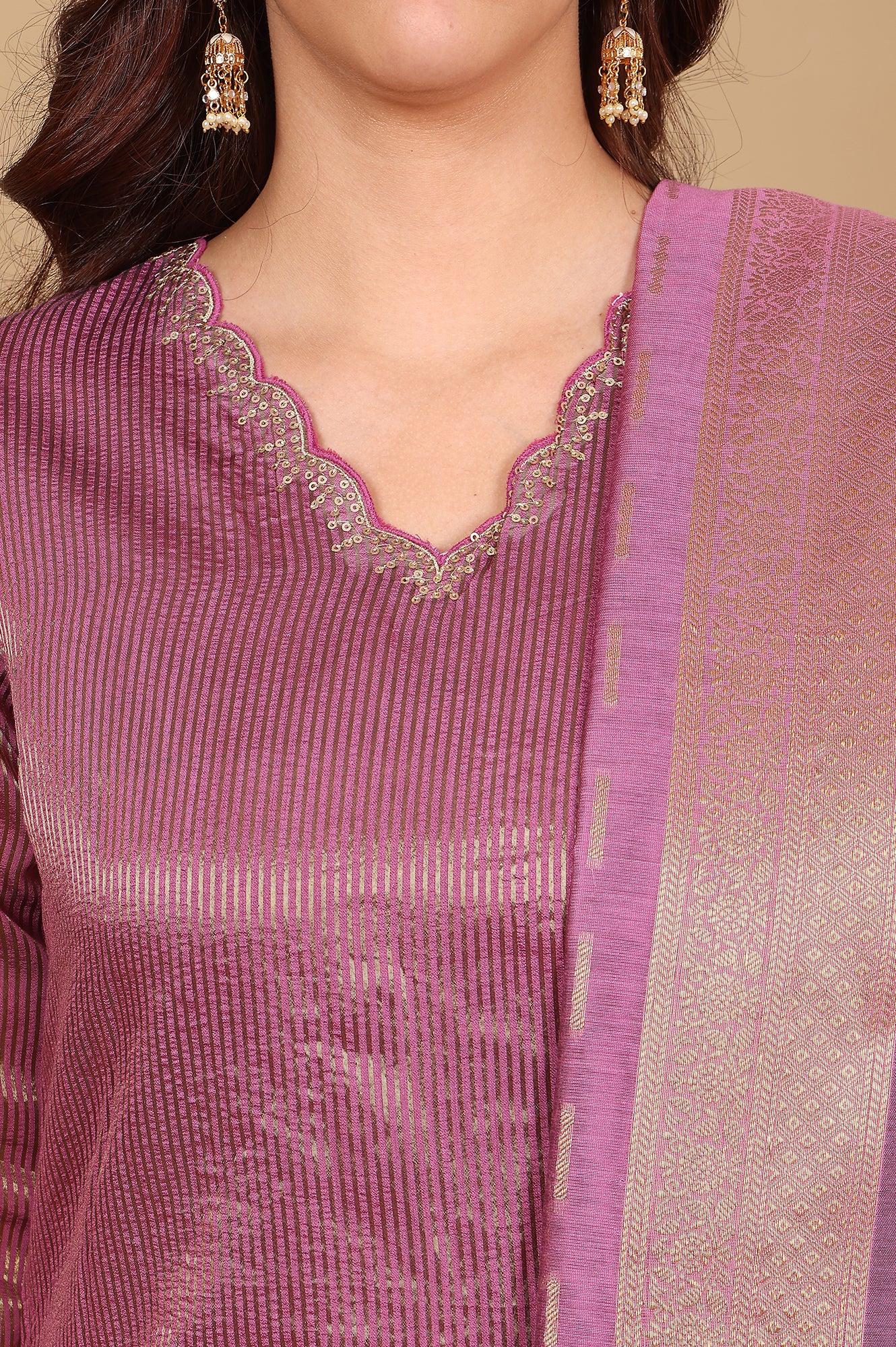 Purple Chanderi Lurex Stripe Embroidered Kurta, Pants Ad Dupatta Set - Image 3