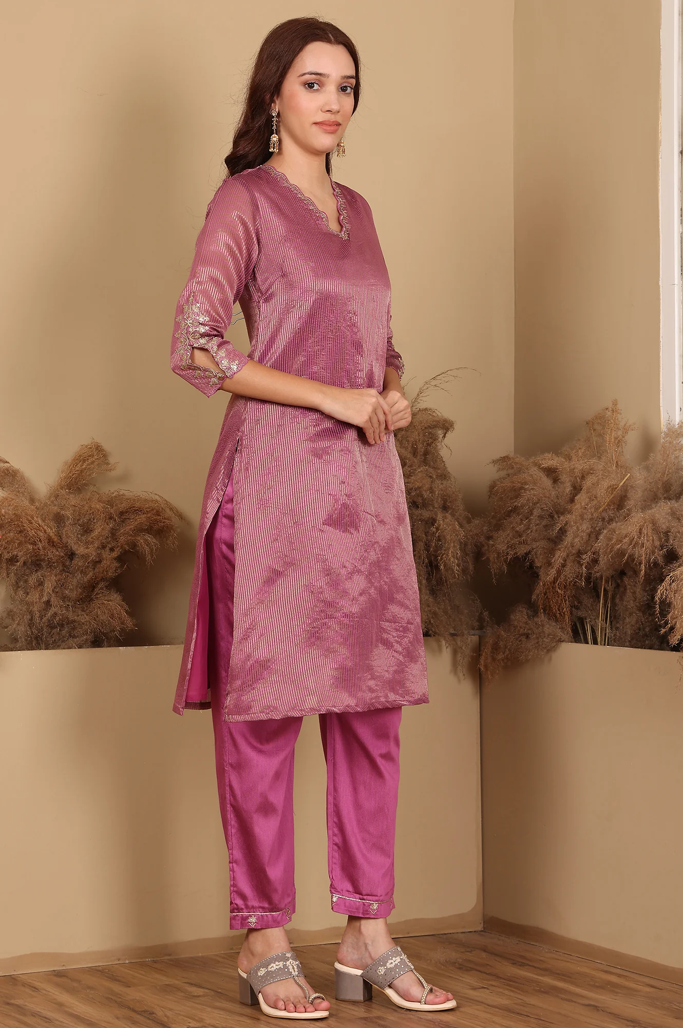 Purple Chanderi Lurex Stripe Embroidered Kurta, Pants Ad Dupatta Set - Image 4