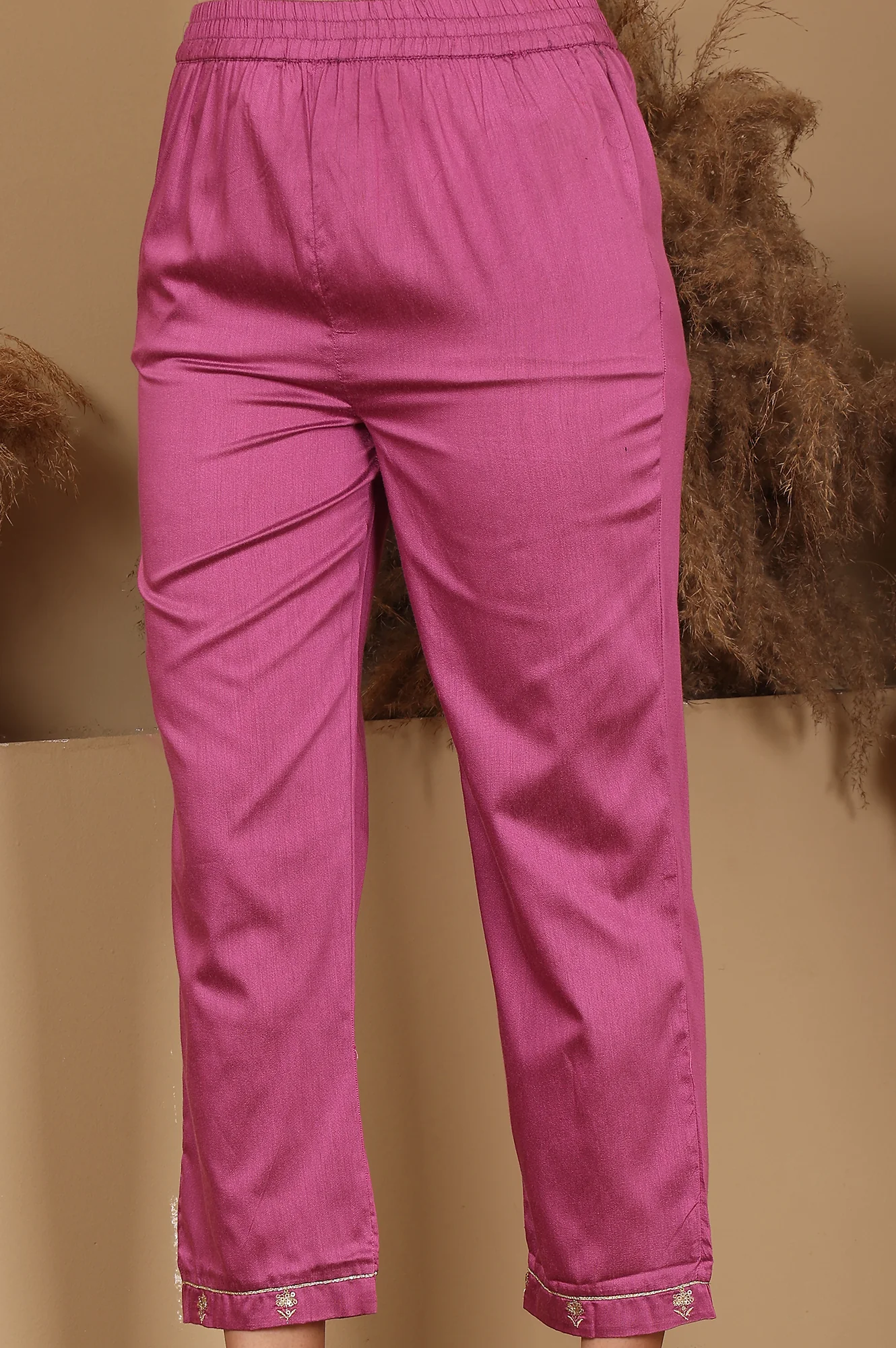 Purple Chanderi Lurex Stripe Embroidered Kurta, Pants Ad Dupatta Set - Image 9