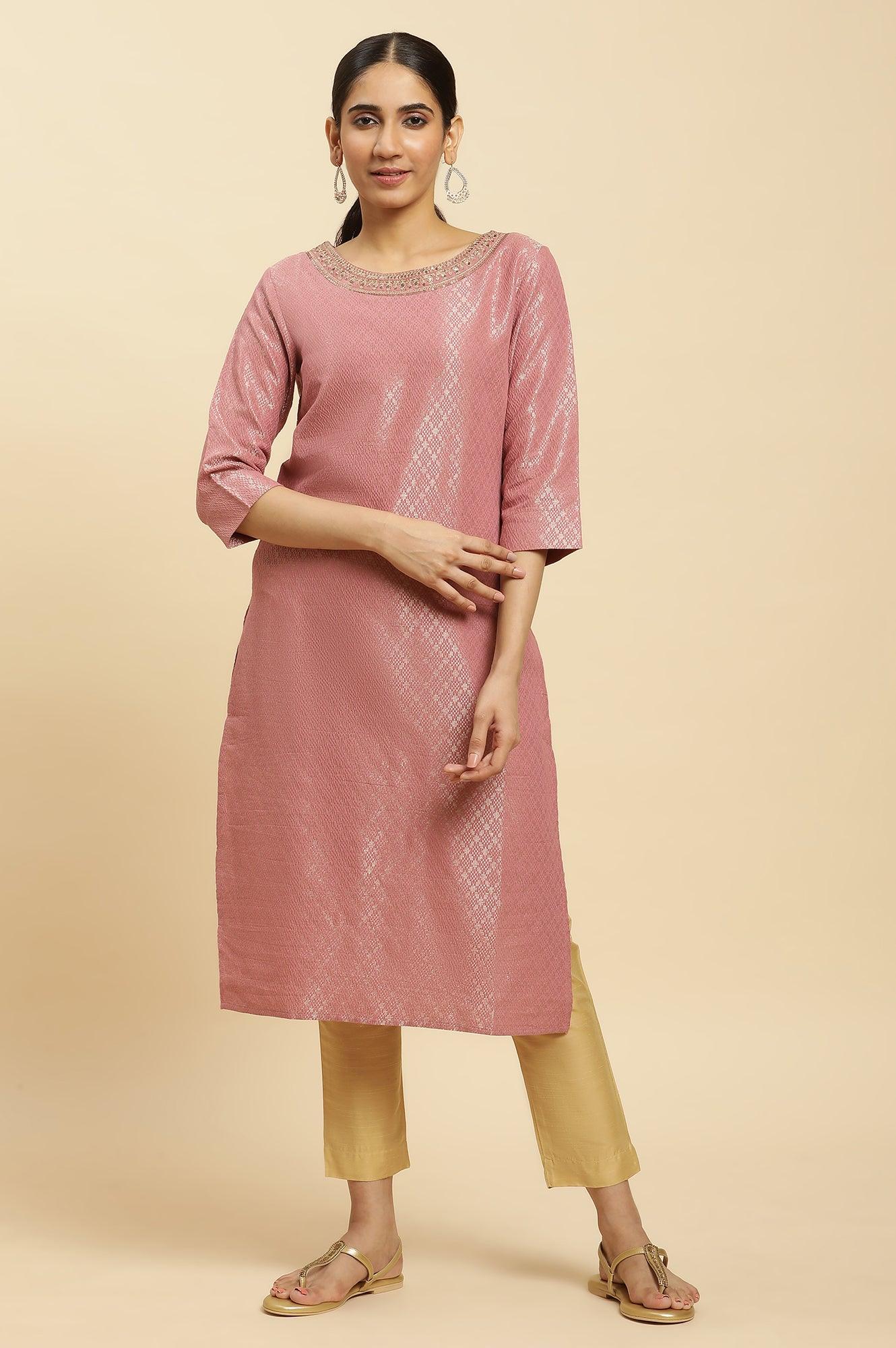 Purple Dobby Embellished Kurta - Image 2