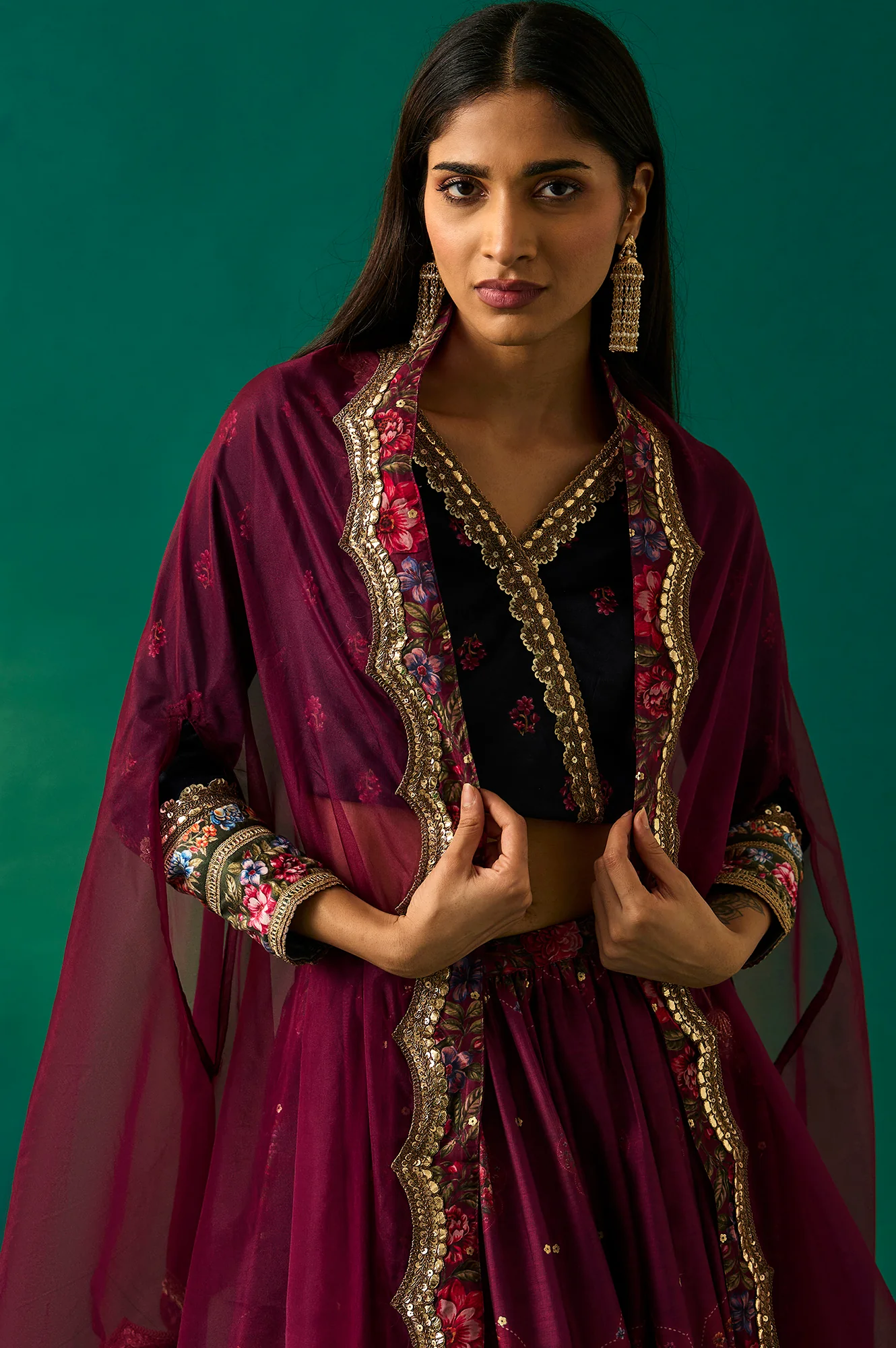 Purple Floral Embroidered Winter Velvet Blouse with Skirt and Dupatta Set - Image 2