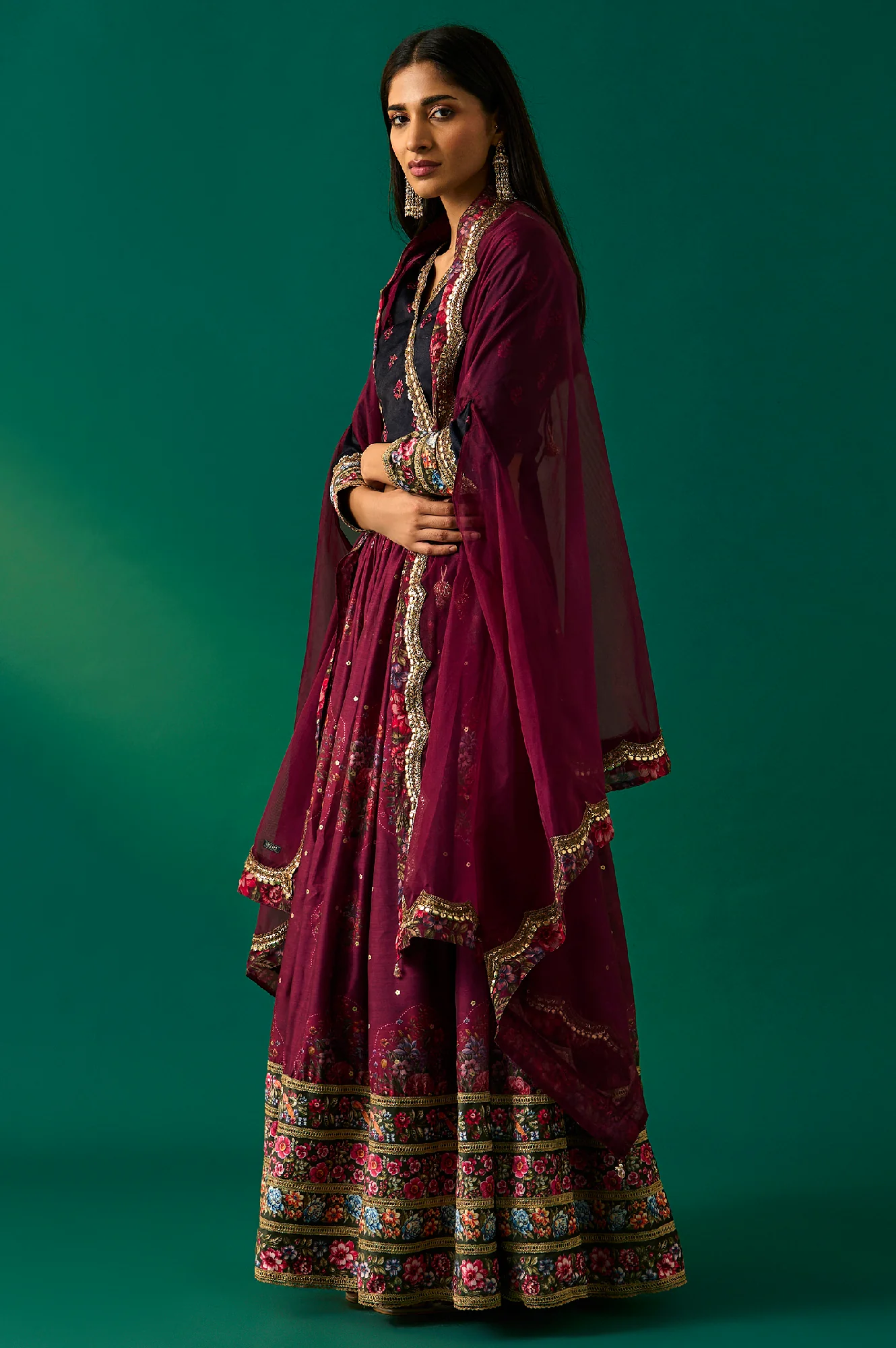 Purple Floral Embroidered Winter Velvet Blouse with Skirt and Dupatta Set - Image 3