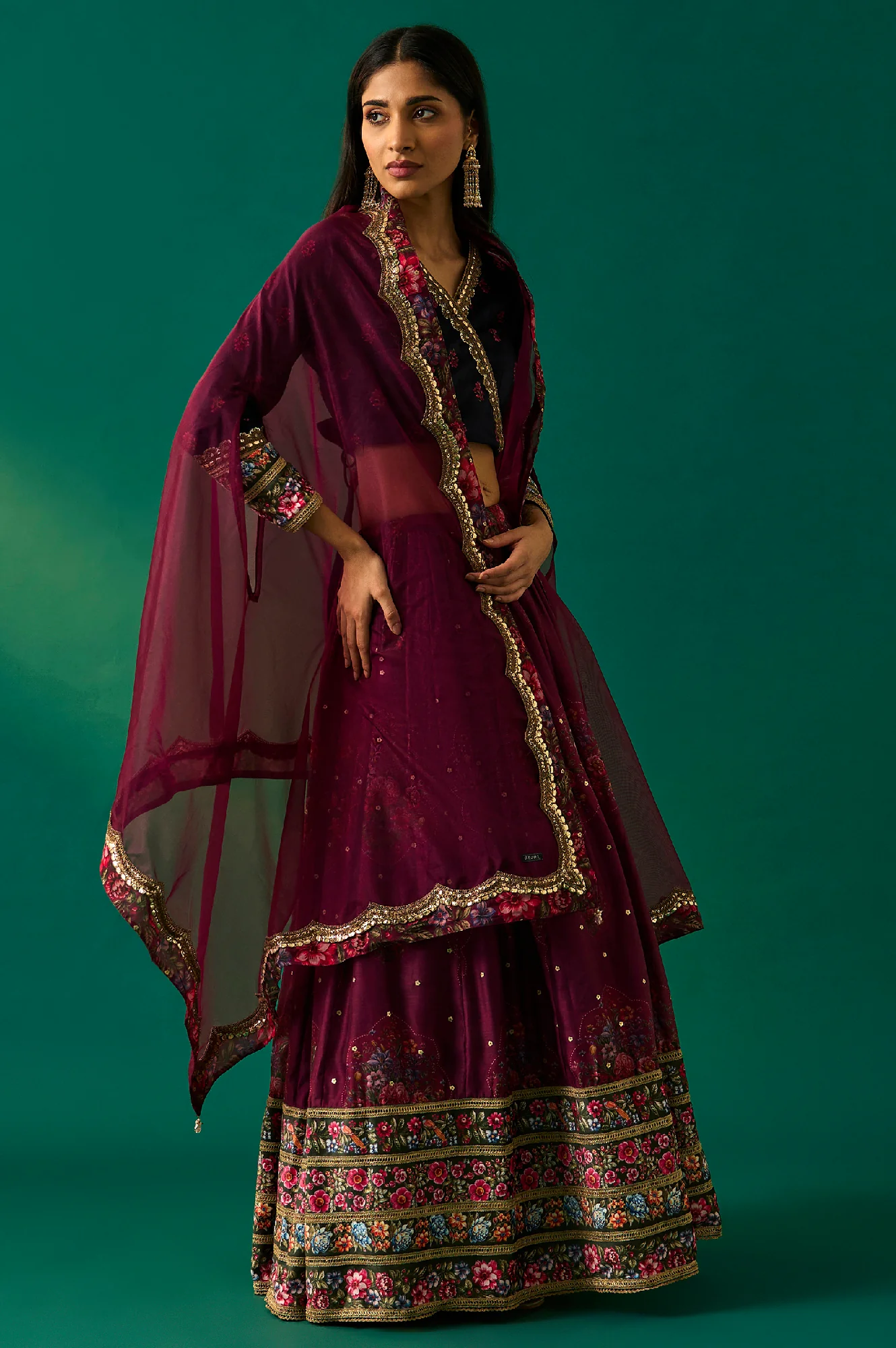 Purple Floral Embroidered Winter Velvet Blouse with Skirt and Dupatta Set - Image 5