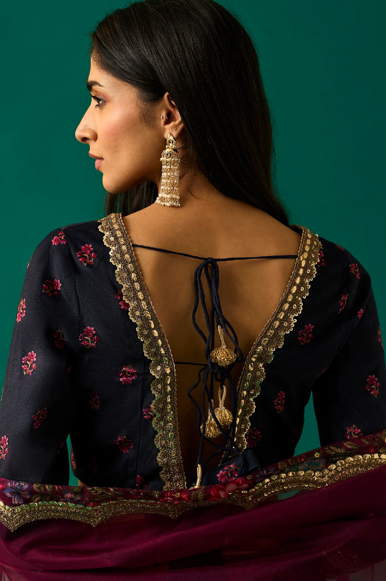 Purple Floral Embroidered Winter Velvet Blouse with Skirt and Dupatta Set - Image 7