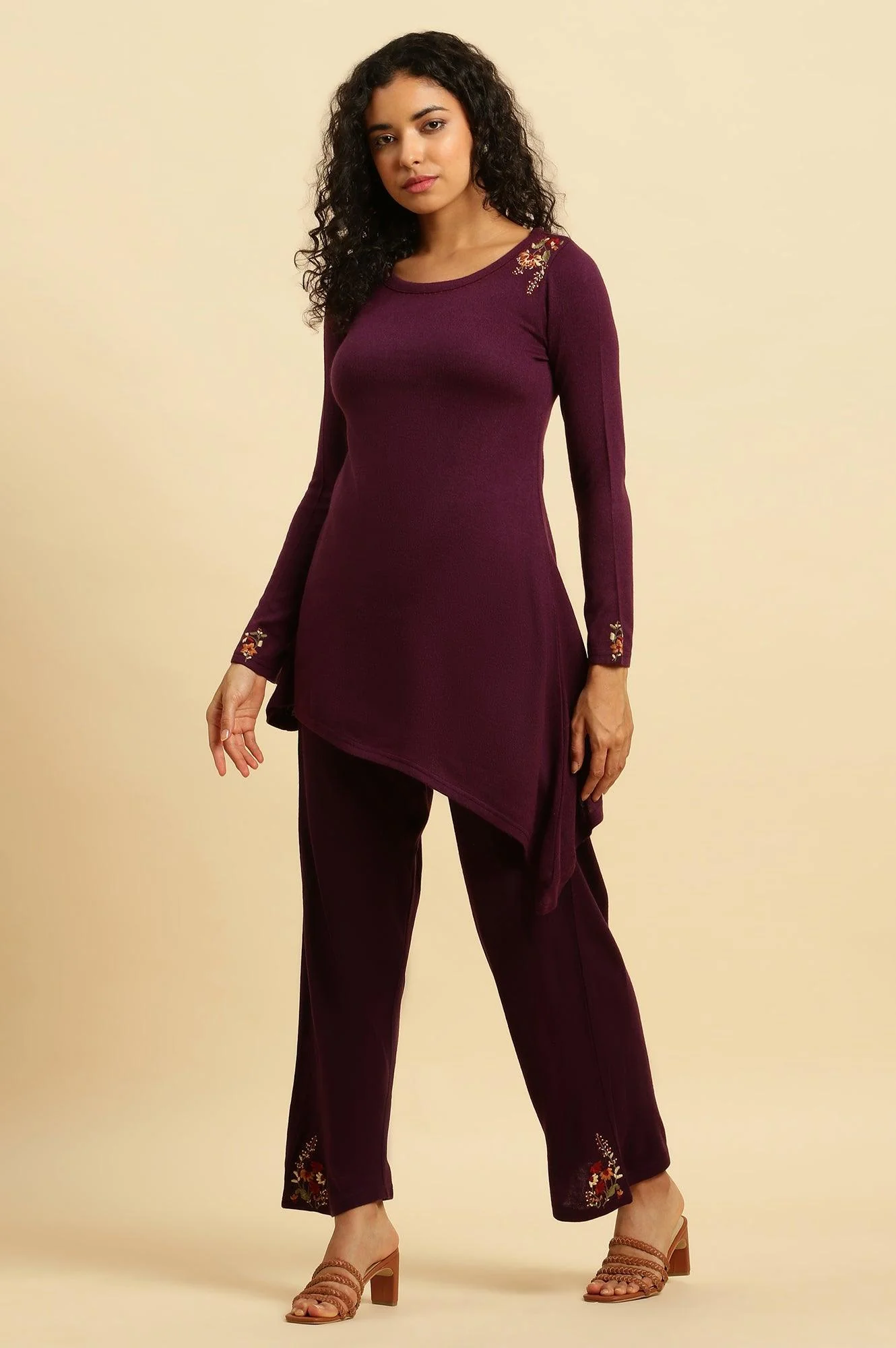 Purple Embroidered Asymmetrical Winter Kurta And Pants Set - Image 3