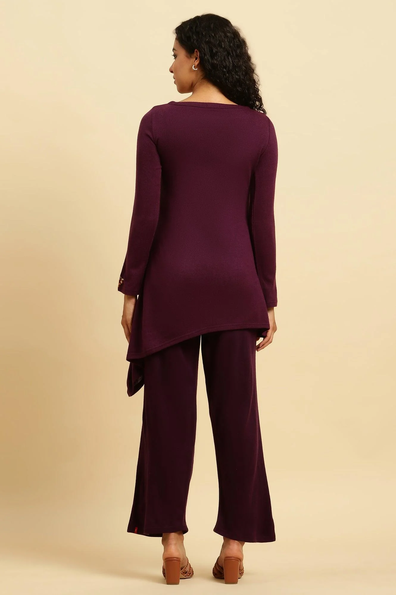 Purple Embroidered Asymmetrical Winter Kurta And Pants Set - Image 4