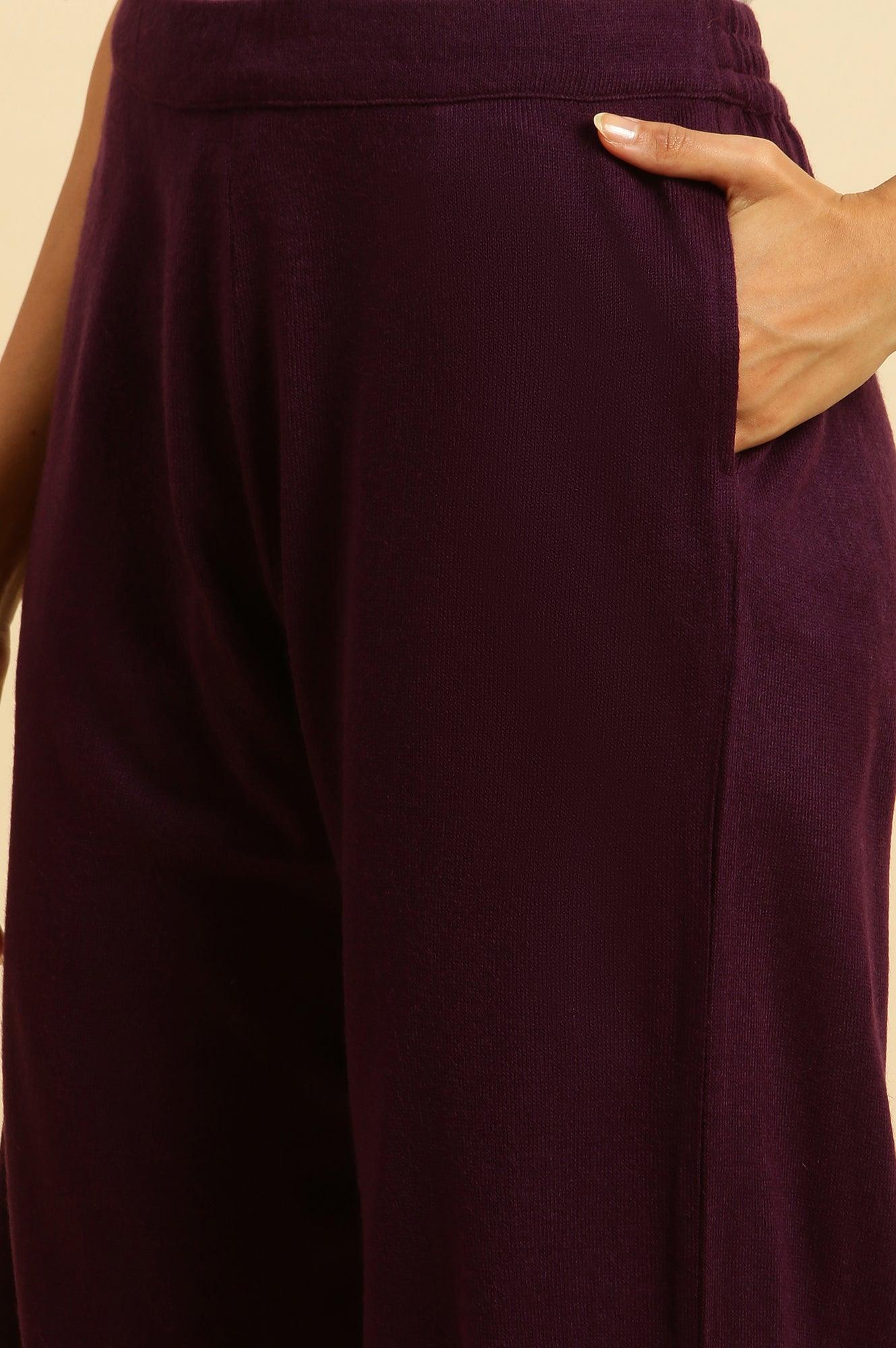 Purple Embroidered Asymmetrical Winter Kurta And Pants Set - Image 9