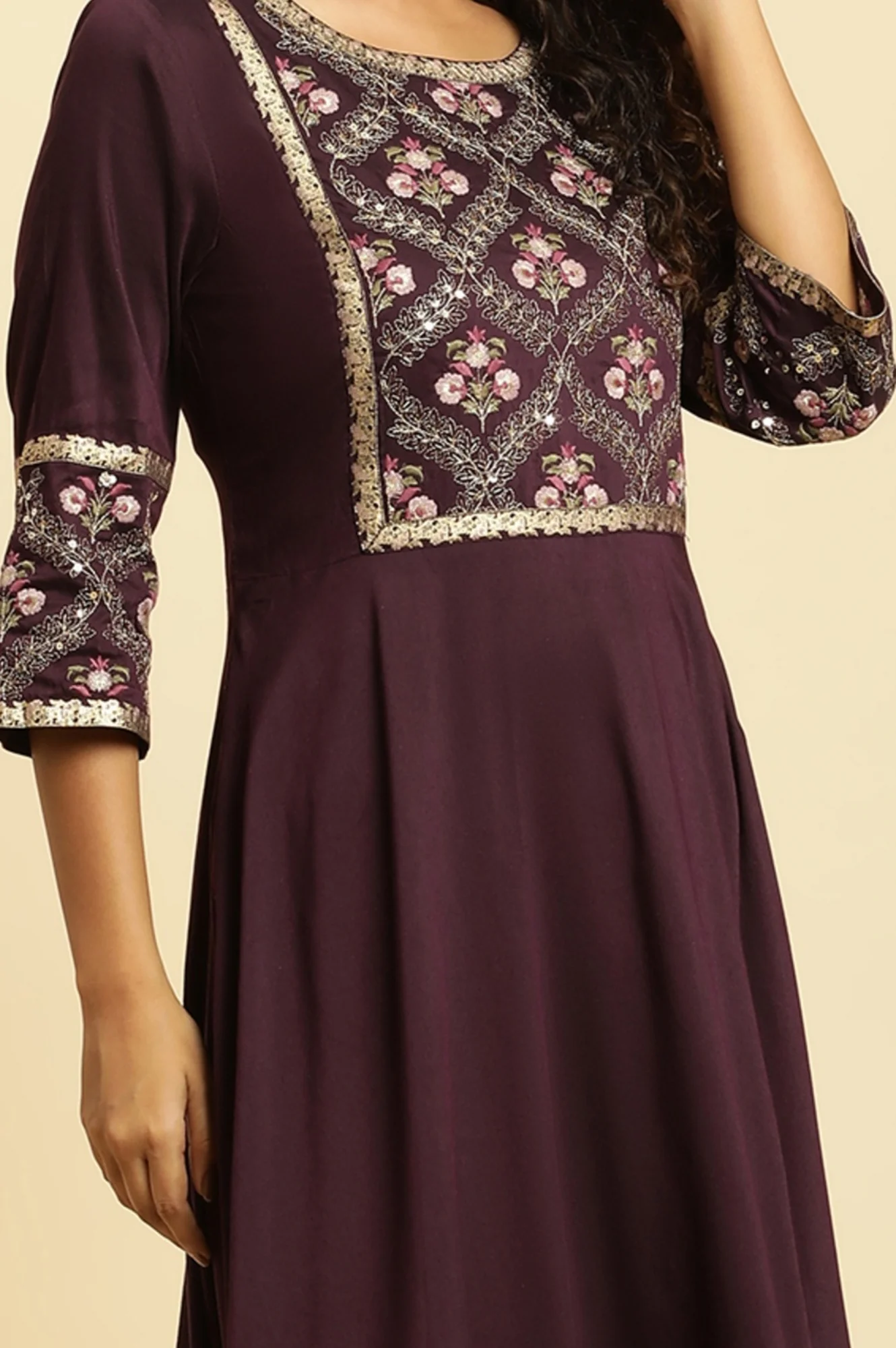 Purple Embroidered Festive Panelled Dress - Image 3