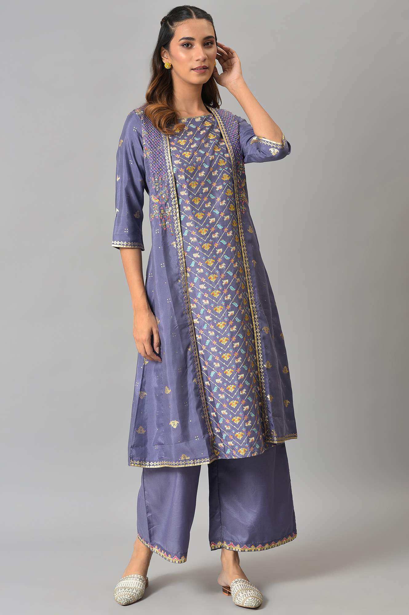 Purple Embroidered Mock Layered kurta With Paralel Pants - Image 9