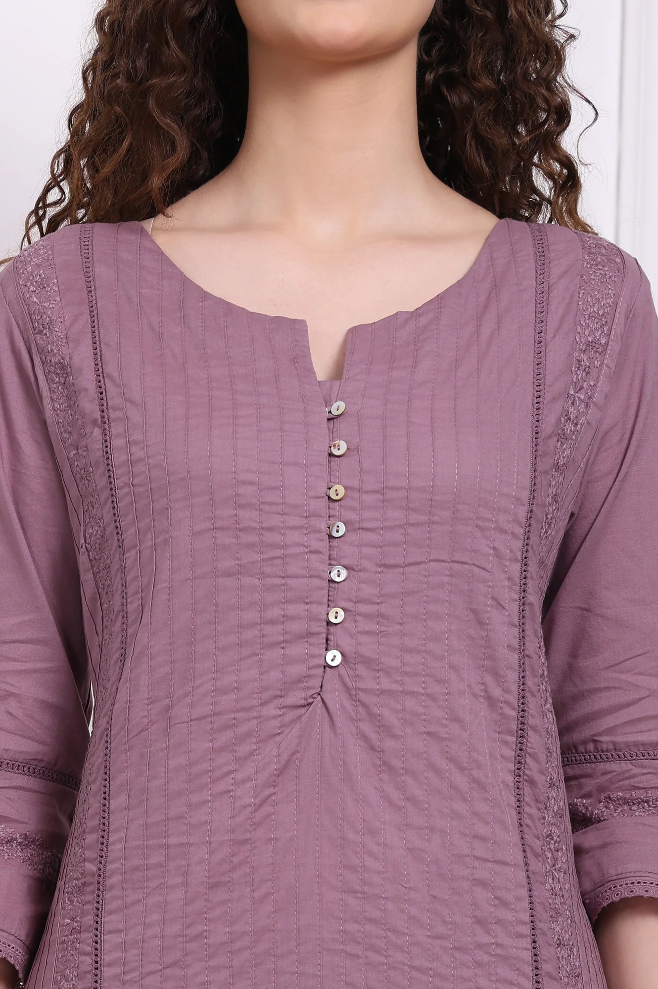 Purple Embroidered Pure Cotton Straight Kurta and Pants Co-ord Set - Image 3