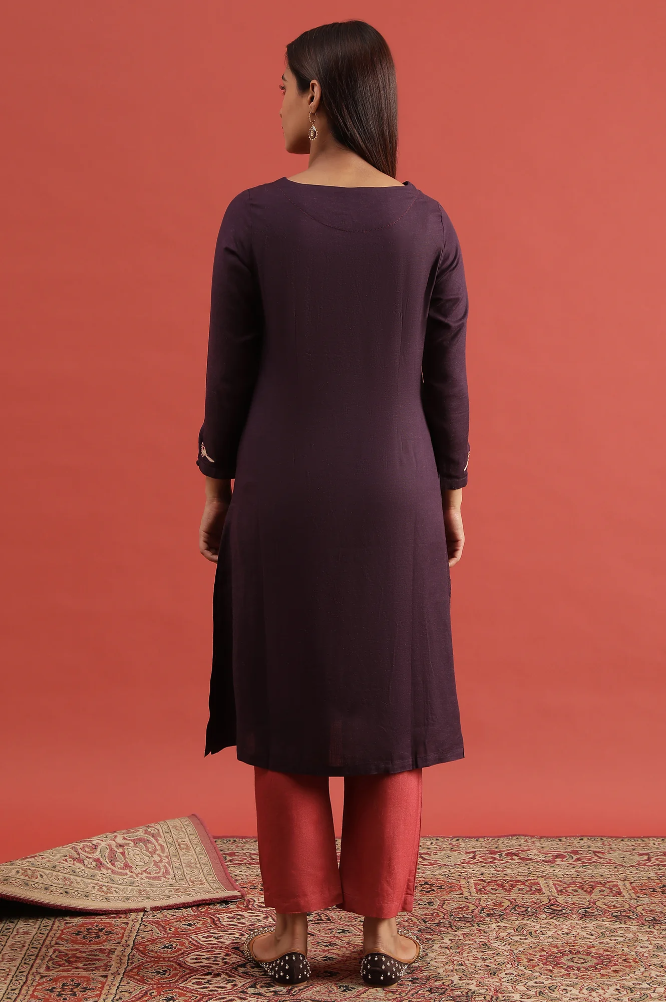 Purple Embroidered Rayon Flax Kurta - Image 3