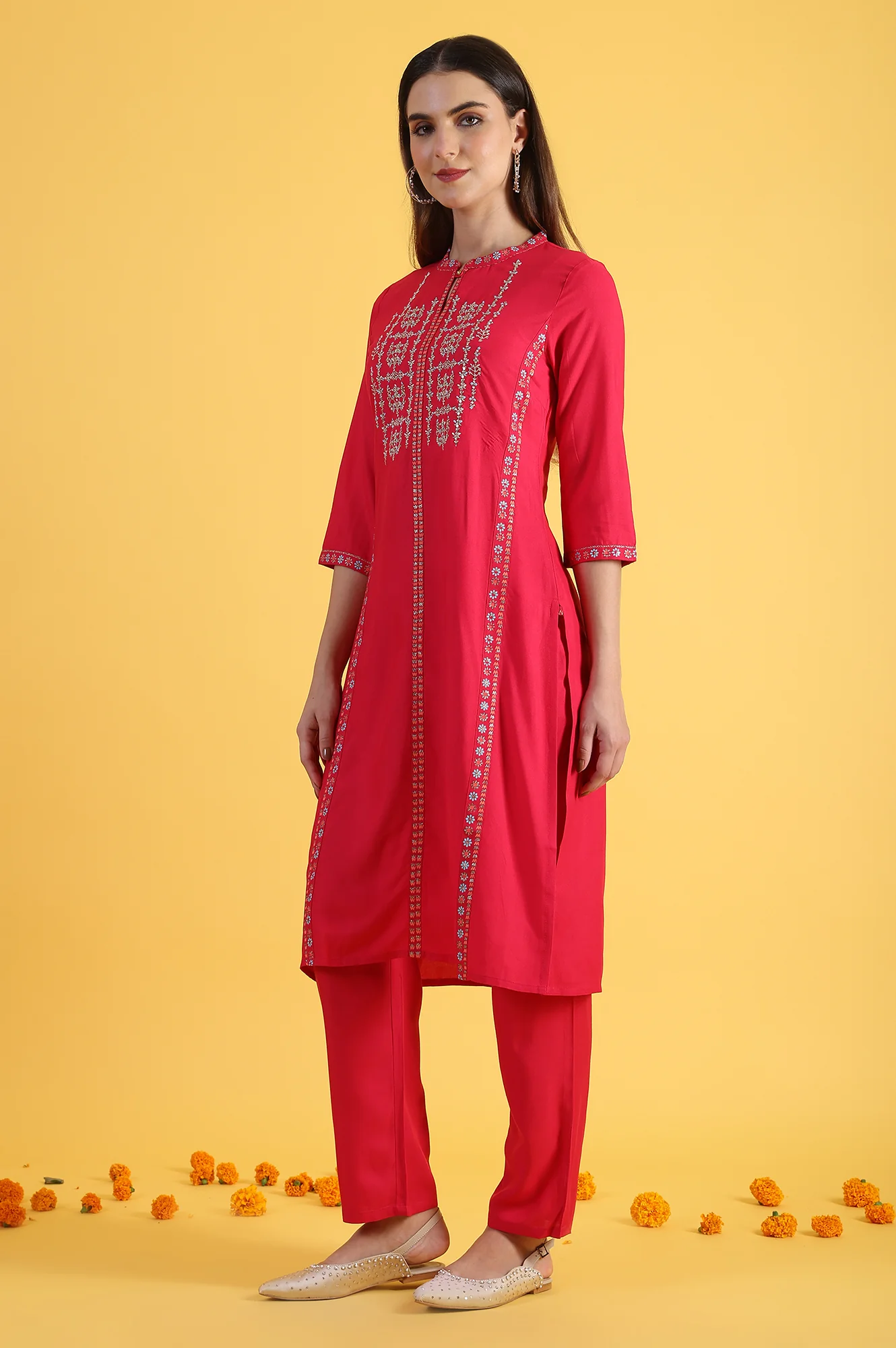 Purple Embroidered Straight Kurta and Straight Pants Set with Sequin Work - Image 4