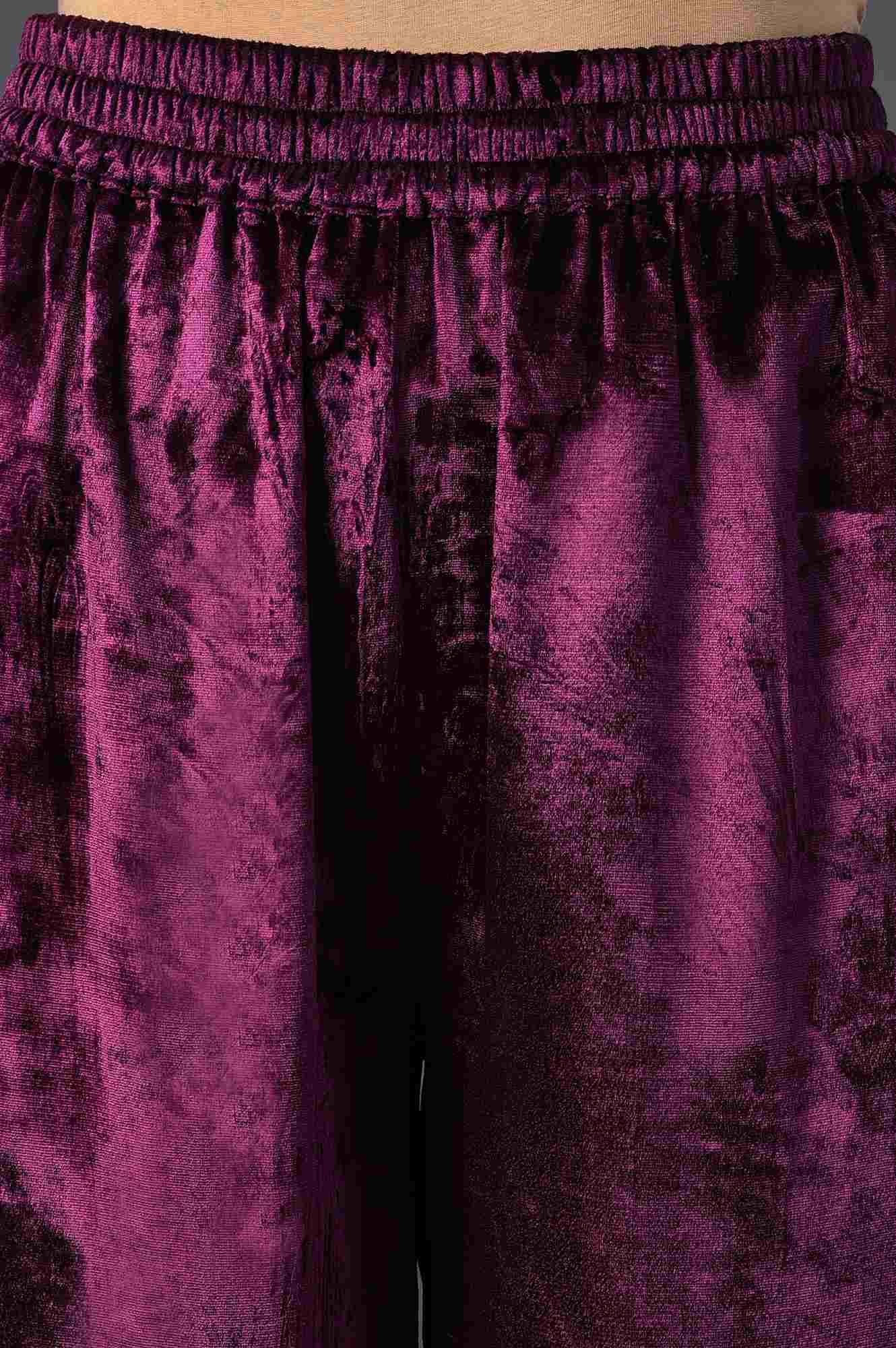 Purple Embroidered Velvet kurta With Straight Pants - Image 6