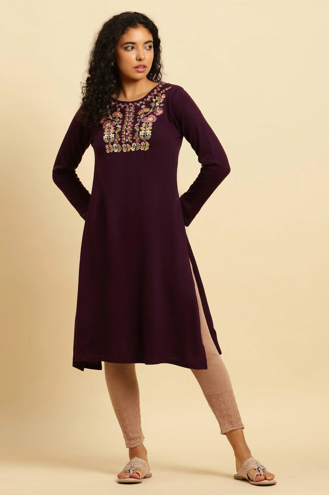 Purple Embroidered Winter Kurta And Tights Set - Image 2