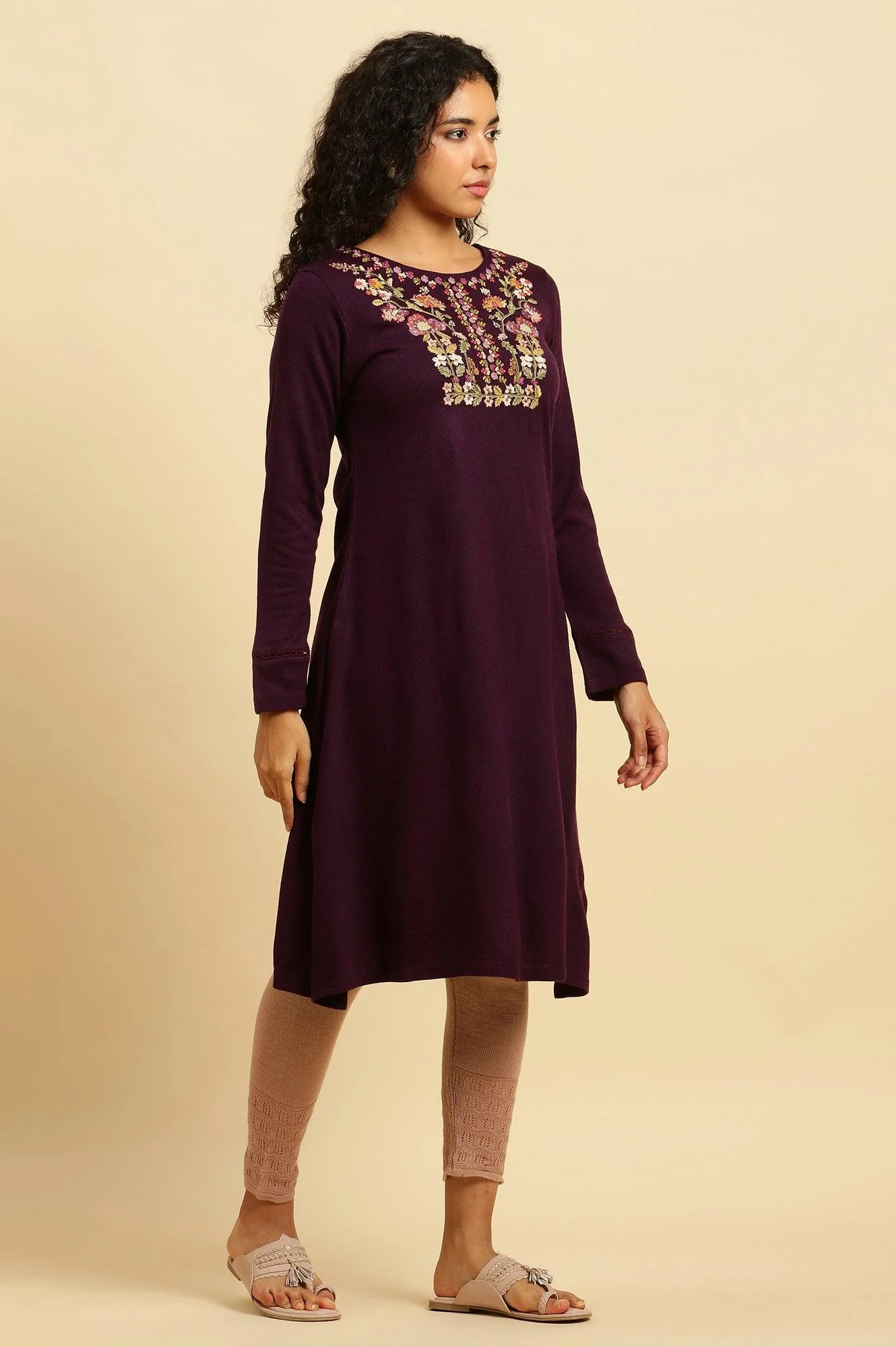 Purple Embroidered Winter Kurta And Tights Set - Image 5