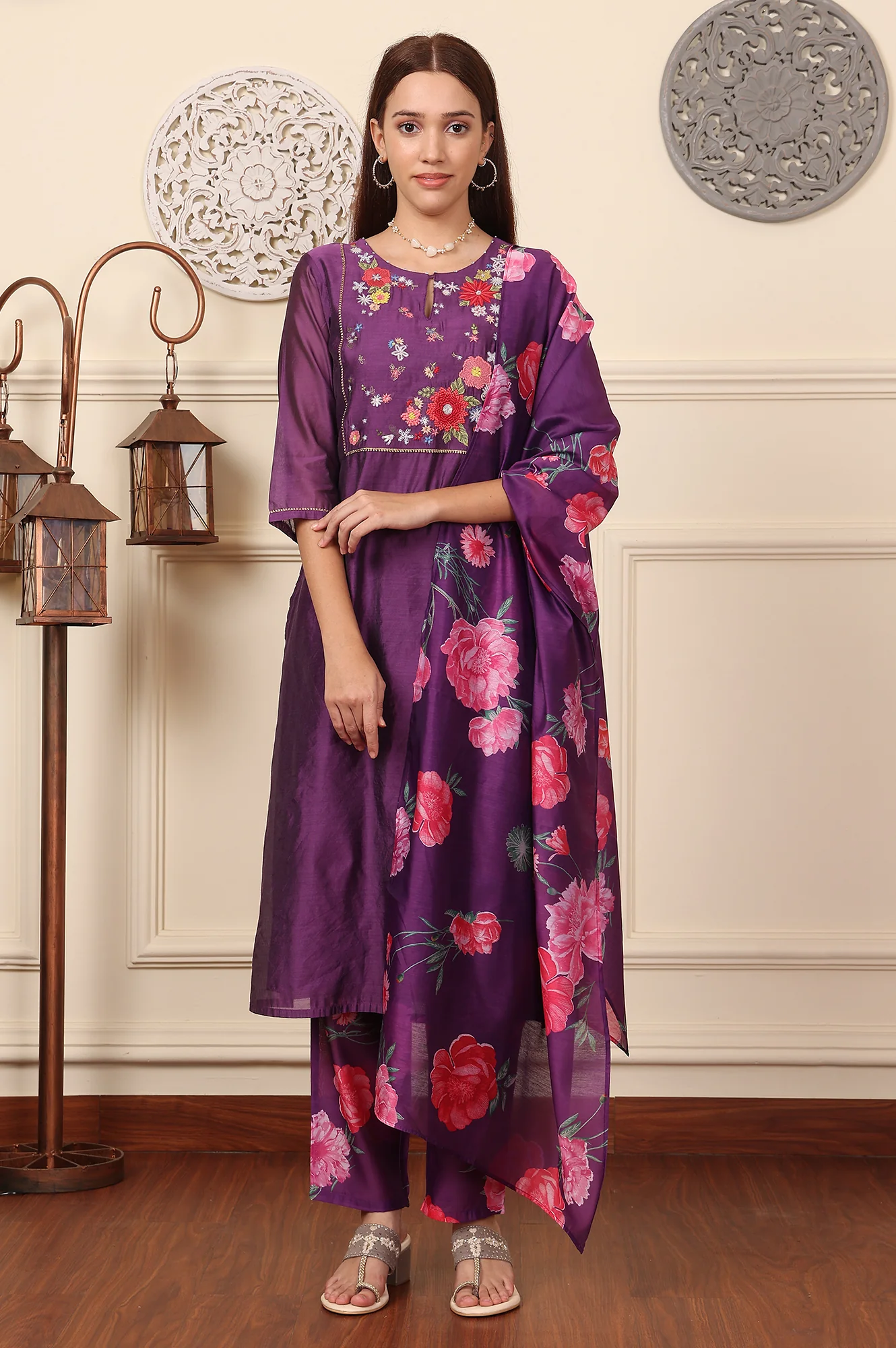 Purple Embroidered Yoke Chanderi Kurta, Pants And Dupatta Set - Image 2