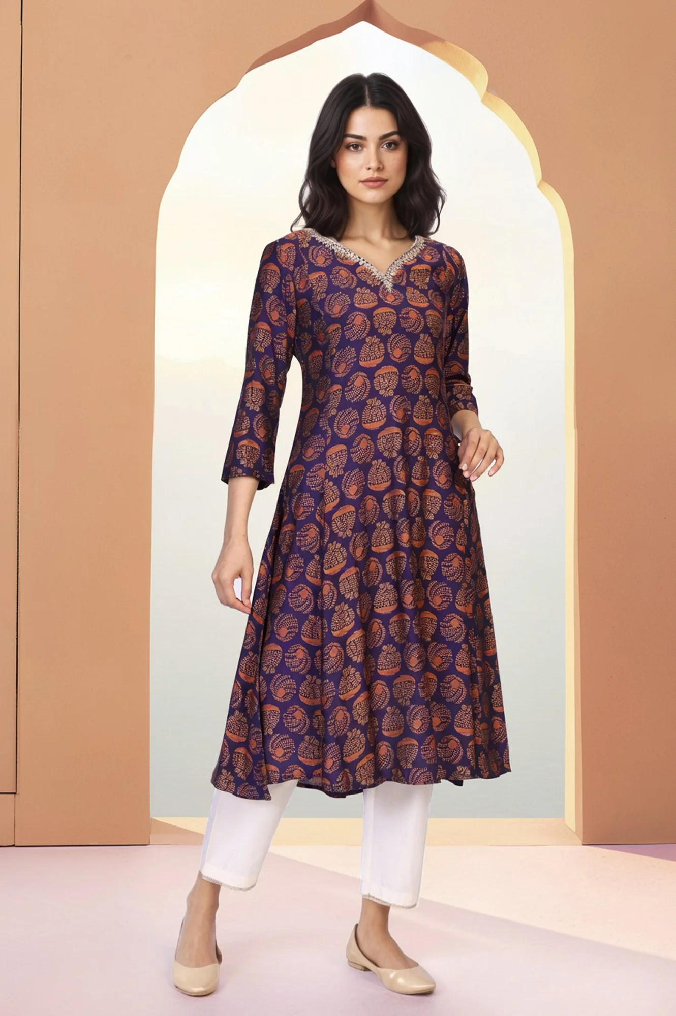 Purple Ethnic Motifs Printed Dori Embroidery Flared Crepe Kurta - Image 4