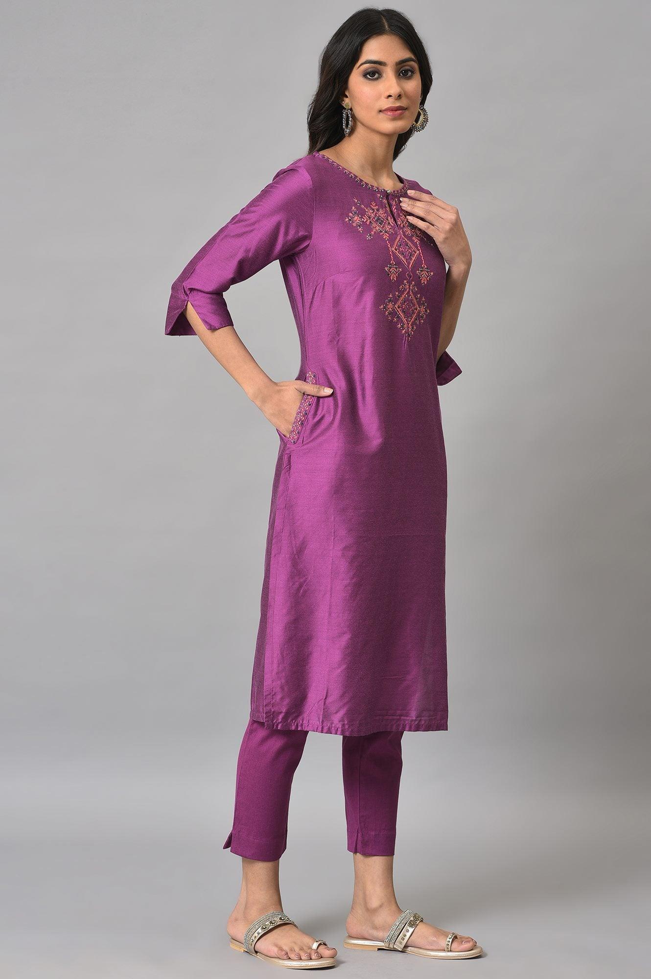 Purple Festive Shantung kurta With Slim Pants - Image 4
