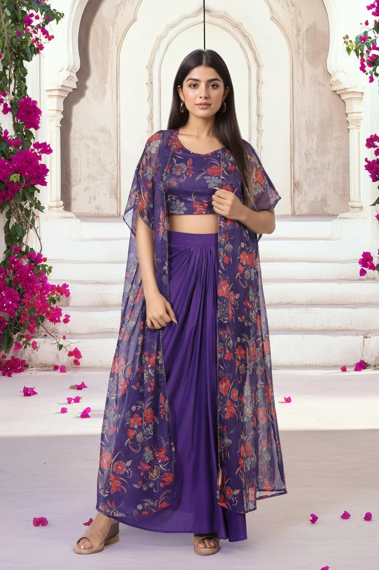 Purple Floral Embellished Chiffon Crop Top with Cape and Skirt Set - Image 2