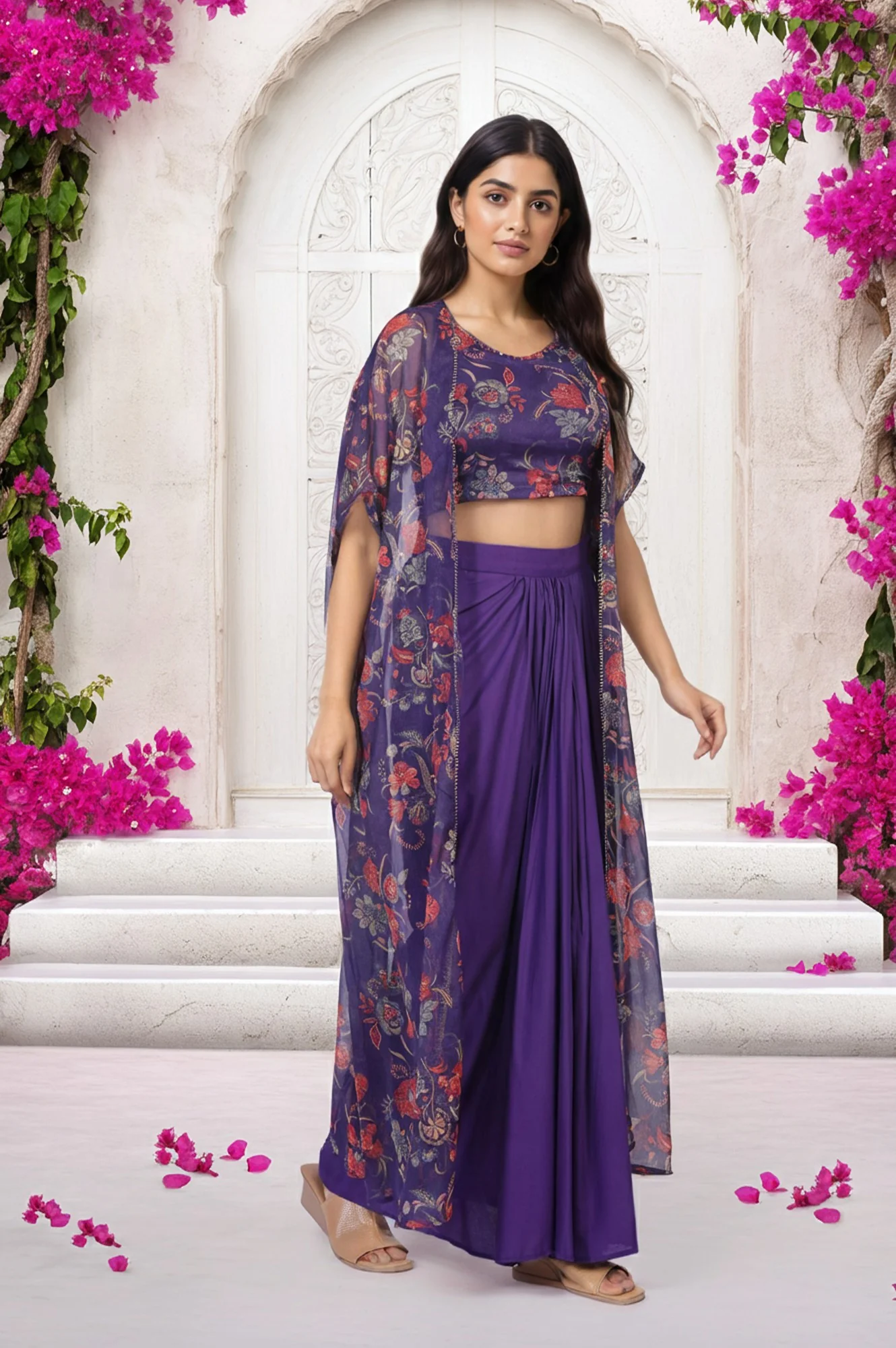 Purple Floral Embellished Chiffon Crop Top with Cape and Skirt Set - Image 4