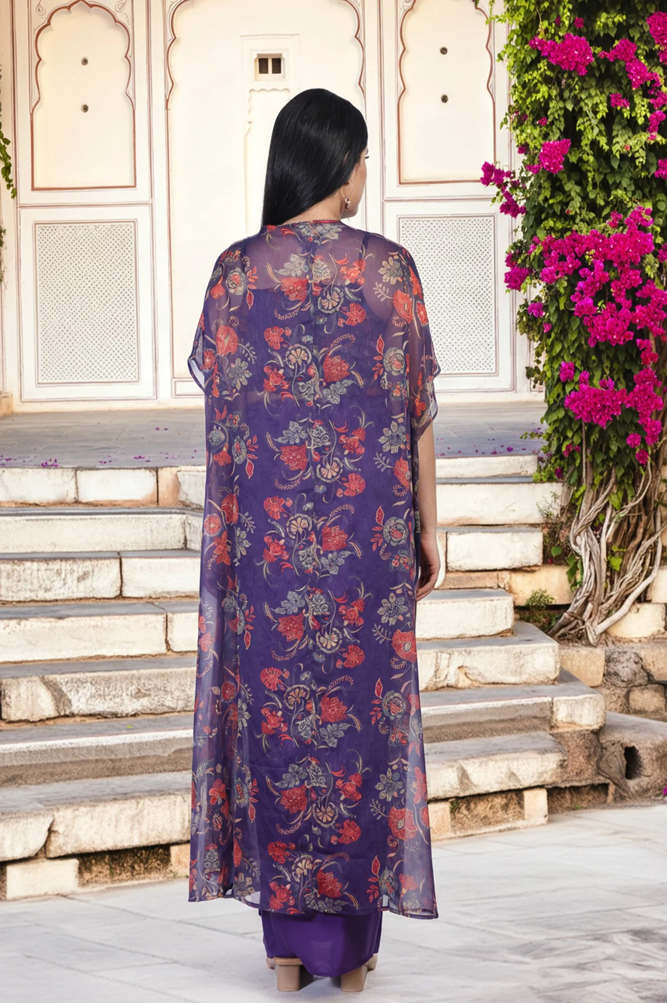 Purple Floral Embellished Chiffon Crop Top with Cape and Skirt Set - Image 5