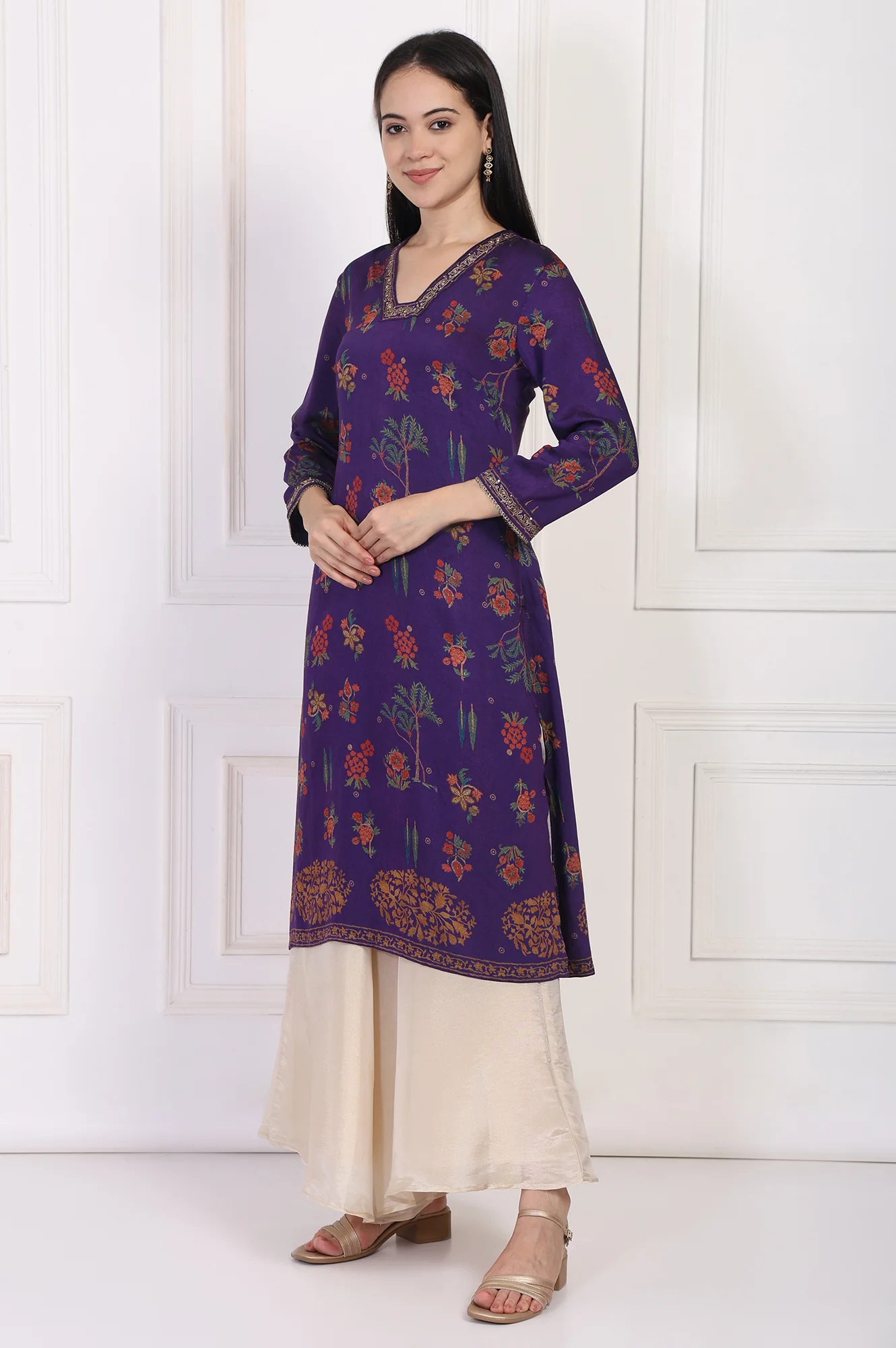 Purple Floral Embroidered Straight Rayon Kurta - Image 4