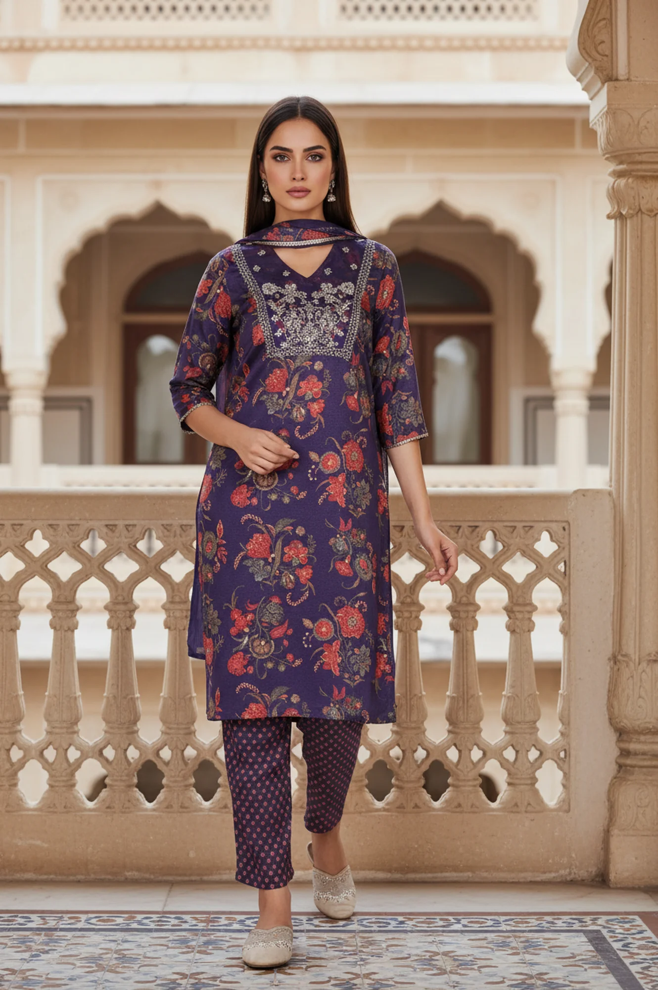 Purple Floral Printed Embroidered Straight Satin Kurta with Straight Pant and Dupatta Set - Image 2