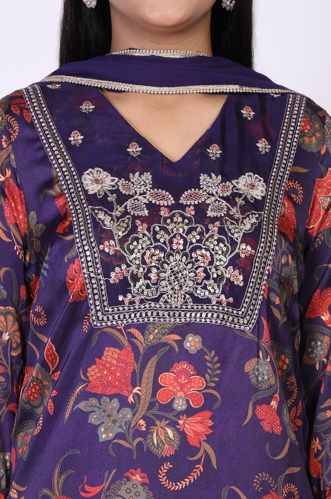 Purple Floral Printed Embroidered Straight Satin Kurta with Straight Pant and Dupatta Set - Image 3