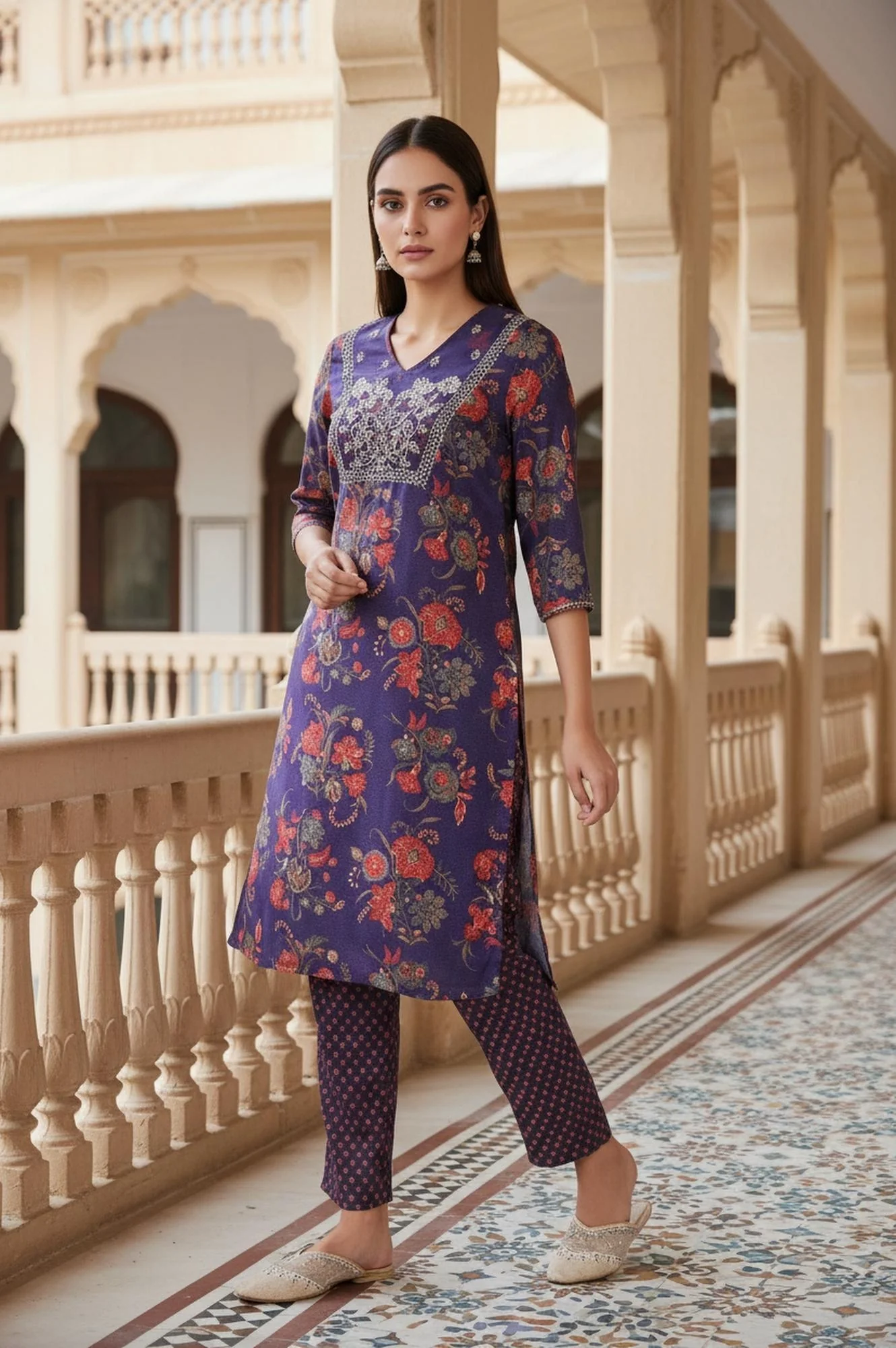 Purple Floral Printed Embroidered Straight Satin Kurta with Straight Pant and Dupatta Set - Image 4