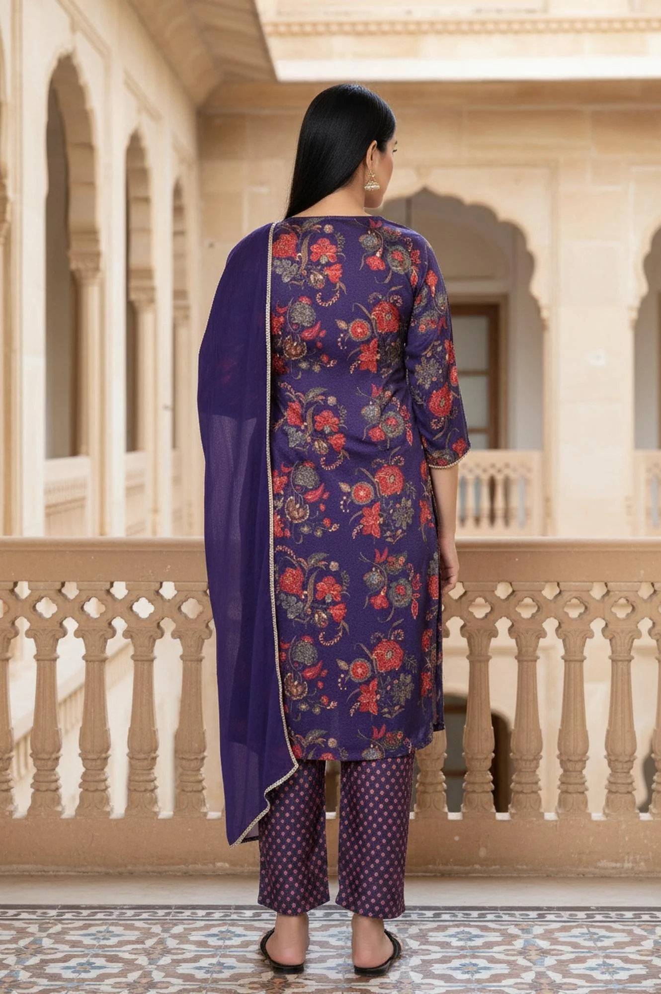 Purple Floral Printed Embroidered Straight Satin Kurta with Straight Pant and Dupatta Set - Image 5
