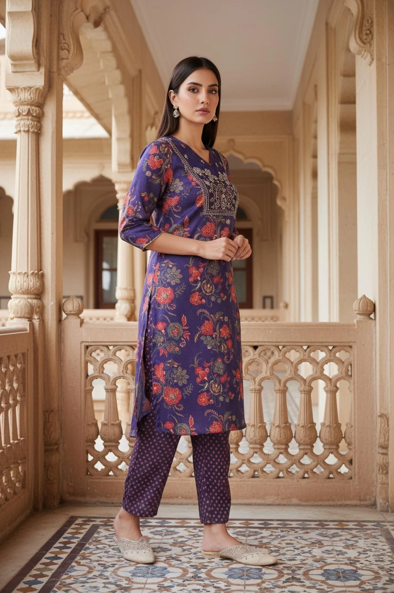 Purple Floral Printed Embroidered Straight Satin Kurta with Straight Pant and Dupatta Set - Image 6
