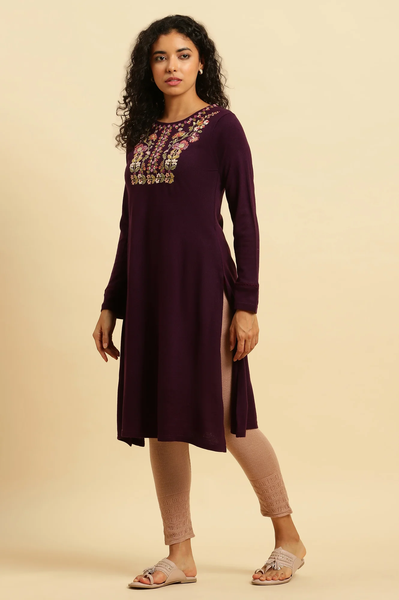 Purple Floral Embroidered Winter Kurta - Image 3
