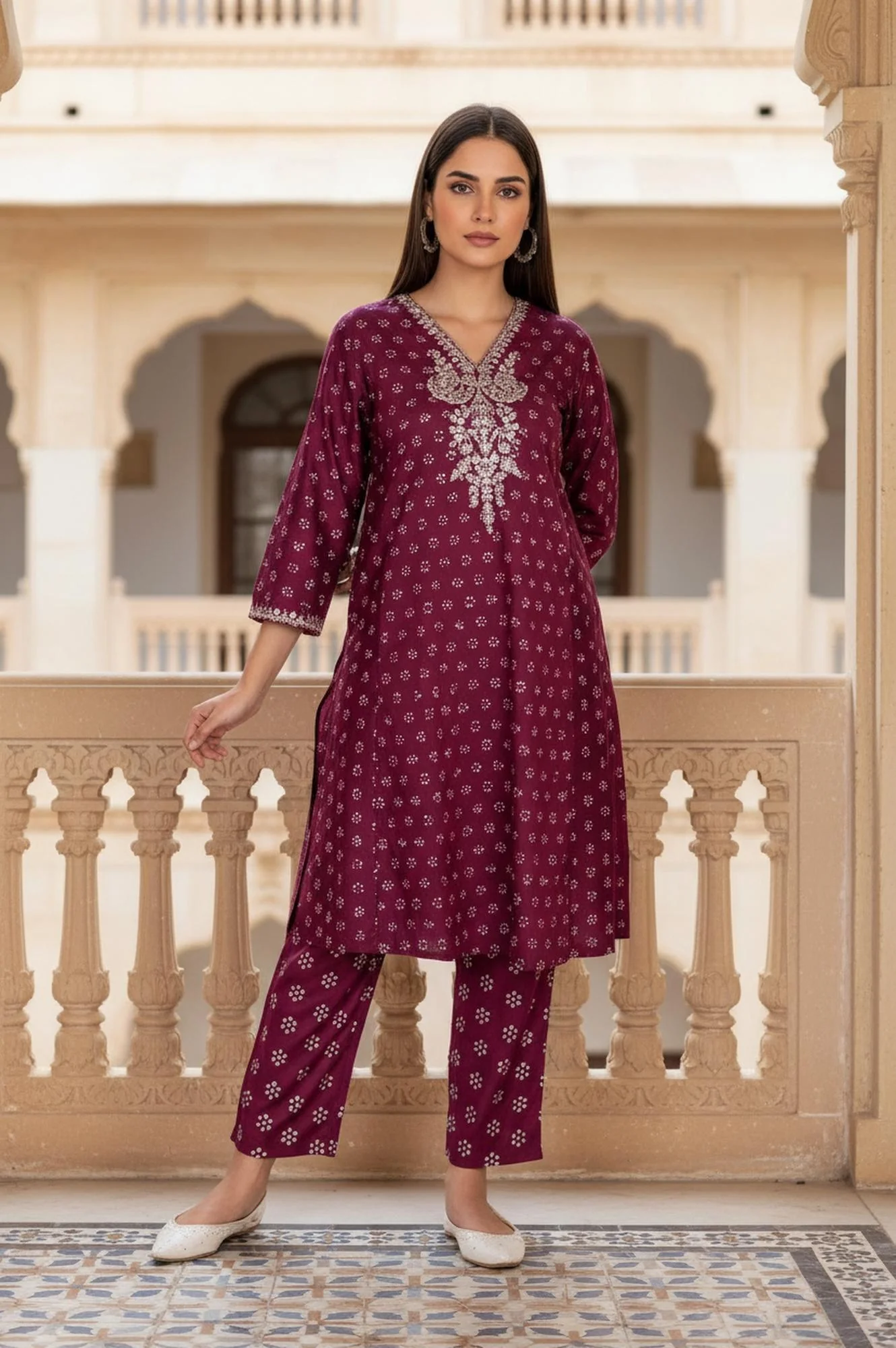 Purple Floral Print Embroidered Straight Silk Kurta - Image 2