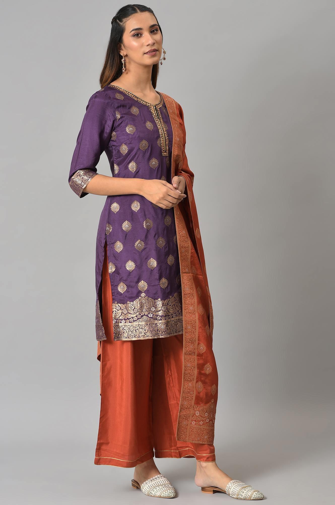 Purple Floral Print kurta With Orange Parallel Pants And Dupatta - Image 4