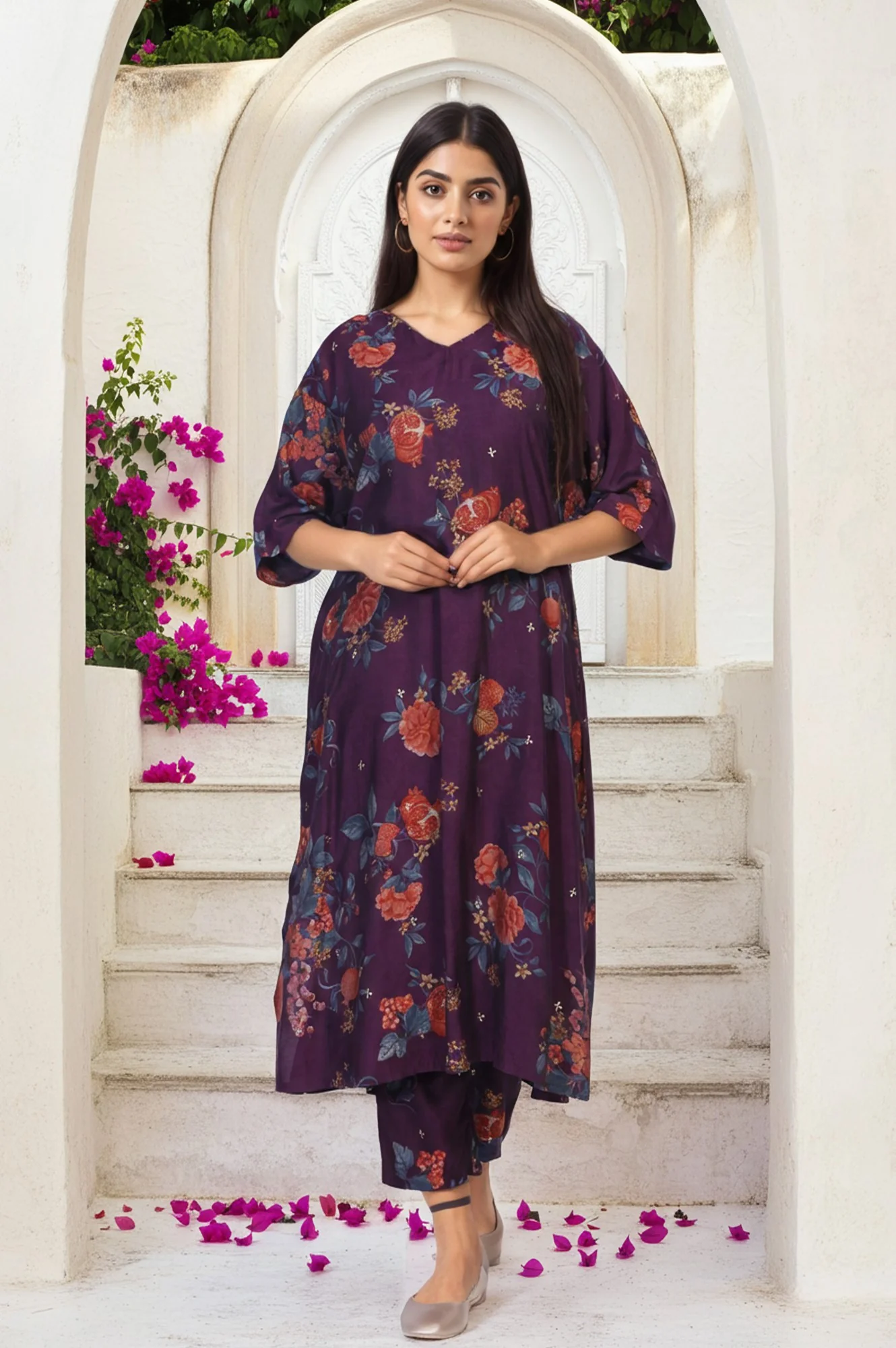 Purple Floral Printed A-line Rayon Kurta with Pant Set - Image 2