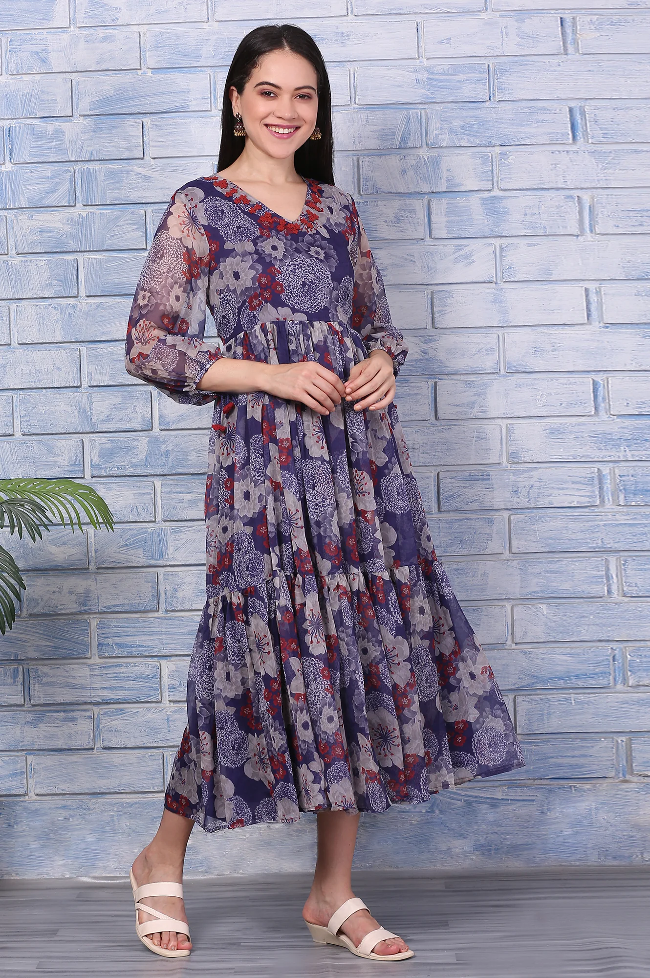 Purple Floral Printed Chiffon Gathered Dress - Image 6